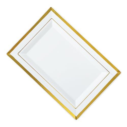 Restaurantware Restaurantware Moderna 7.5 x 5.3 Inch Premium Disposable Plates 10 Rectangular Plastic Plates For Parties - Gold-Rimmed Durable White Plastic Dinner Plates For Warm And Cold Foods