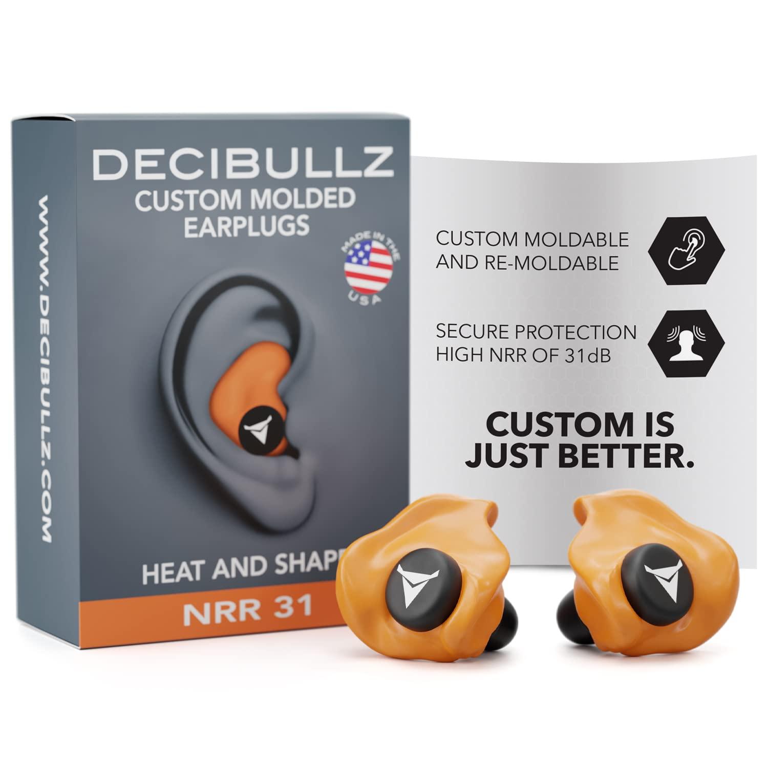 Decibullz Decibullz - Custom Molded Earplugs, 31dB Highest NRR, Comfortable Hearing Protection for Shooting, Travel, Swimming, Work and Concerts (Orange)