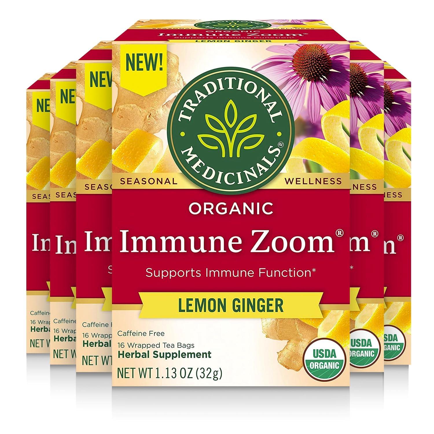 Traditional Medicinals Traditional Medicinals Organic Immune Zoom Lemon Ginger, Supports Immune Function, (Pack of 6) - 96 Tea Bags Total