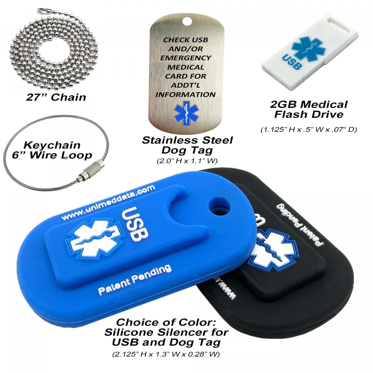 Universal Medical Data Blue Informer Lite Medical Alert Dog Tag. Includes: 2GB USB, Pre-Engraved Stainless-Steel Dog Tag, 27\" Chain and Key Ring Wire Rope. Complimentary Access PHR (Personal Health Record)