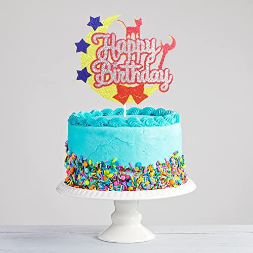 Caiwowo Moon Cat Happy Birthday Cake Topper - Moon Girls Sailor Birthday Party Glitter Cute Cat Cake Supplies - Pink Girl Happy Birthday Party Decoration