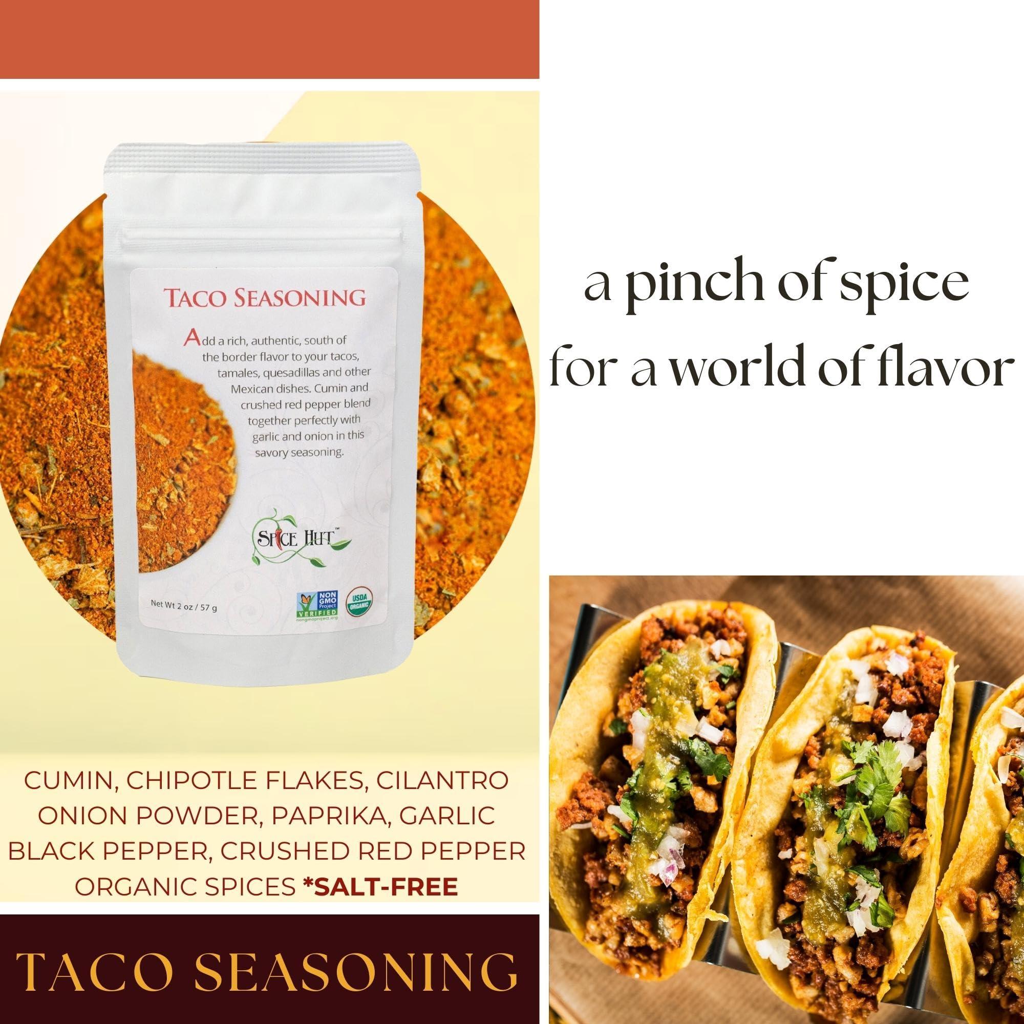 The Spice Hut Organic Taco Seasoning Mix by Spice Hut, Salt-Free, Authentic Southwestern Seasoning for Cooking Flavorful Carne Asada, Beef, Carnitas, Tacos, Burrito / Especias Orgnicas Para Tacos / All-Natural, Kosher, Vegan, Gluten Free, Keto -No MSG- 1lb Bulk Pa