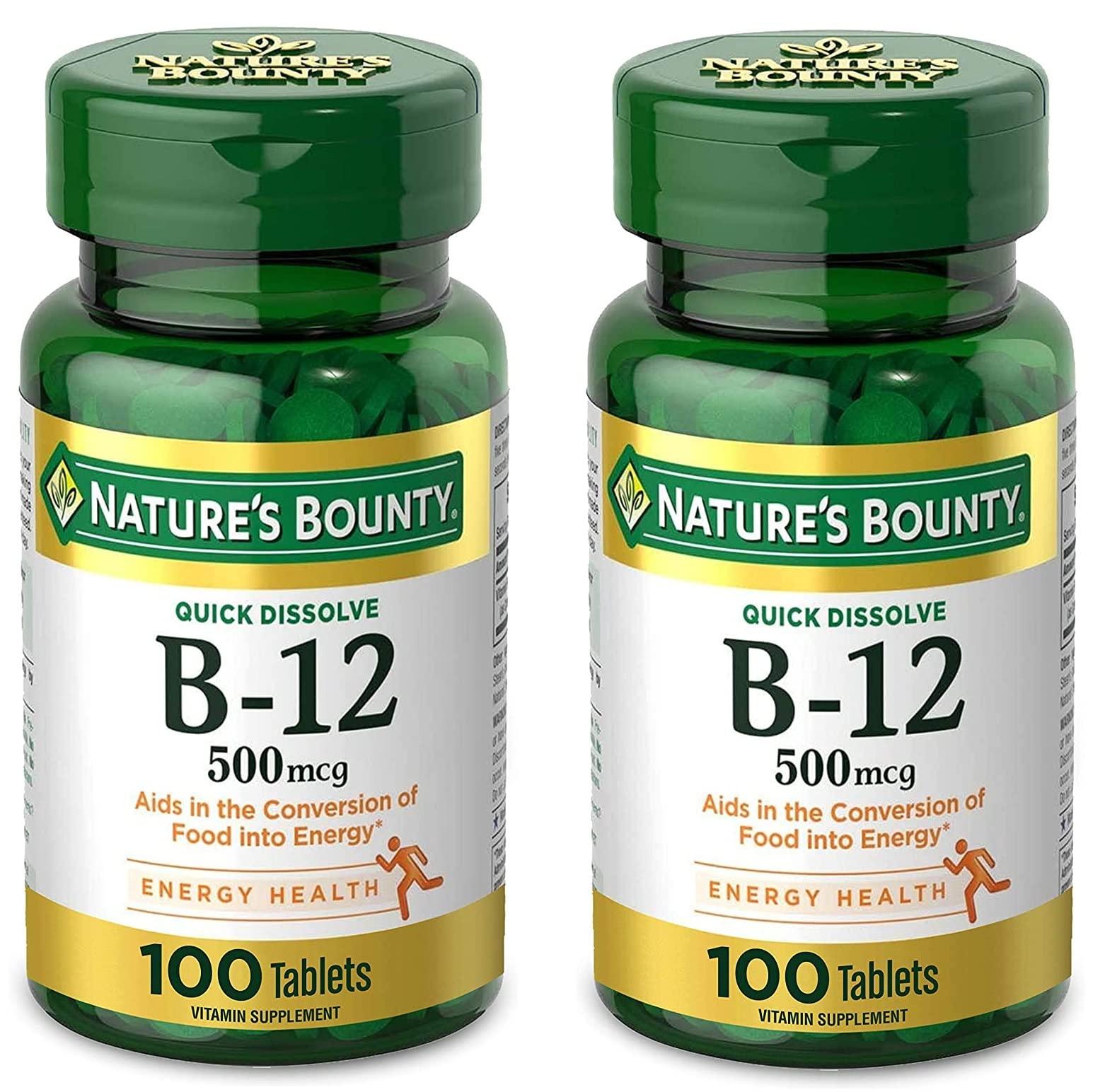 Nature\'s Bounty Nature\'s Bounty Vitamin B12, Supports Energy Metabolism and Nervous System Health, 500mcg, Tablets, 100 Ct (Pack of 2)