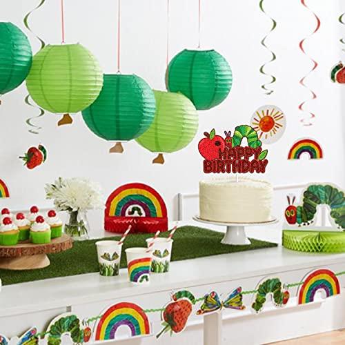 LINGBOOM Hunger Caterpillar Happy Birthday Cake Topper Fairy tales Very Hungry Caterpillar Butterfly Birthday Cake Decoration Red Glitter Juicy Fruit Theme Birthday Party Supplies