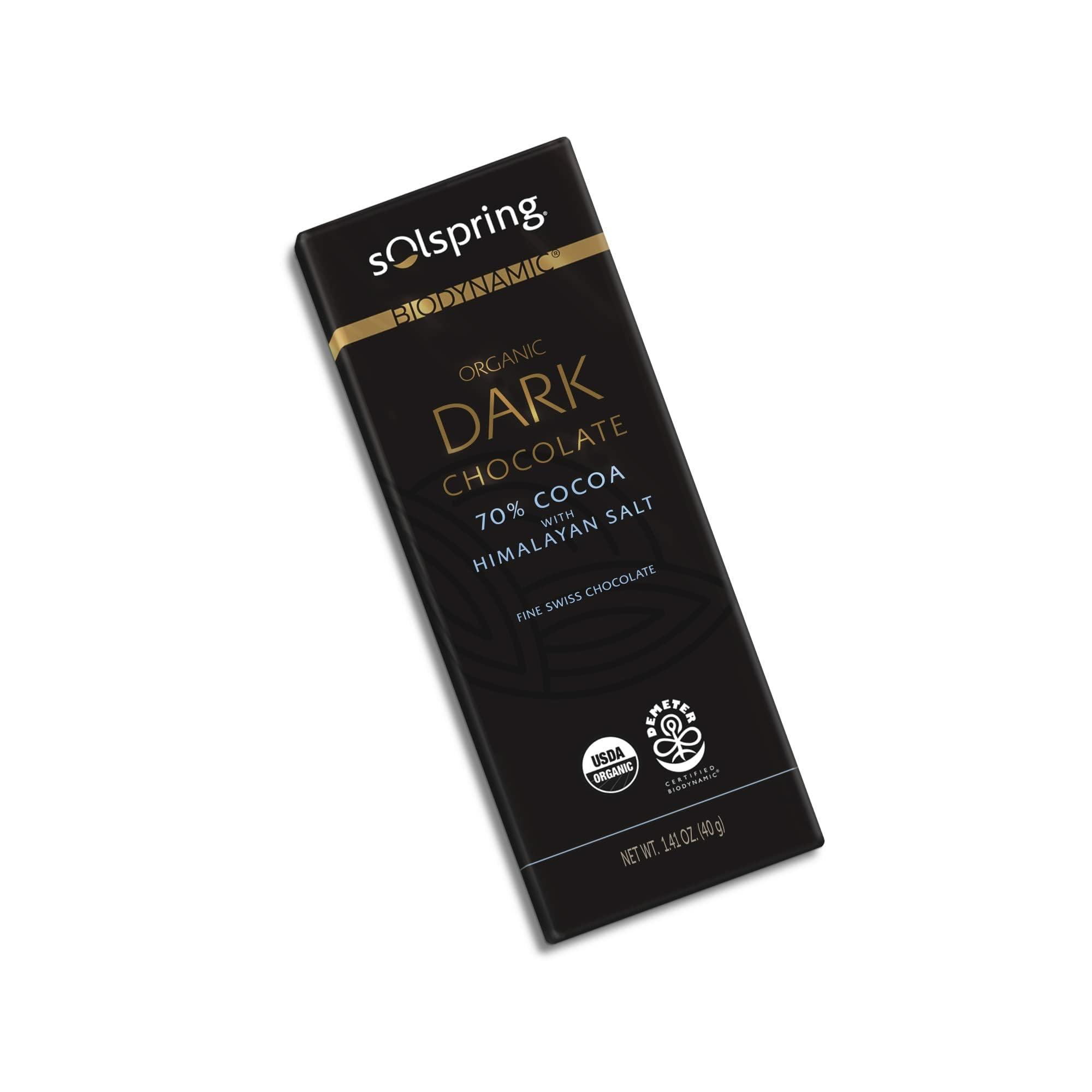Dr. Mercola Solspring Biodynamic Organic Dark Chocolate Bars with Himalayan Salt (12-1.41 oz Bars), 70% Cocoa, Fine Swiss Chocolate, Certified USDA Organic, Demeter Certified, Gluten Free, Soy Free, Dr. Mercola