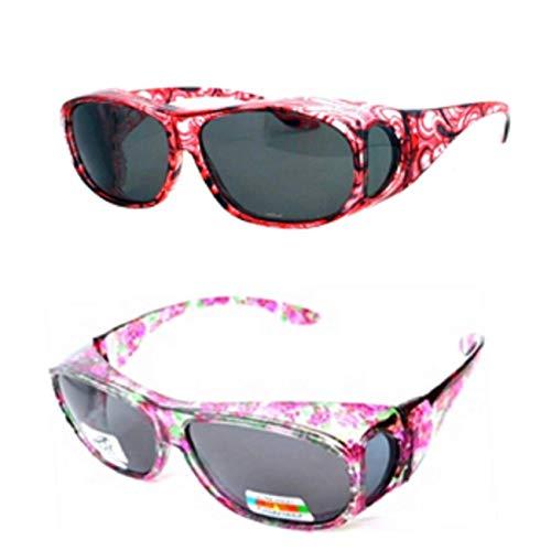 Generic 2 Pair Large Polarized Rhinestone Fit Over Reading Glasses Sunglasses Anti Glare Oval Rectangular (Light Red/Floral)