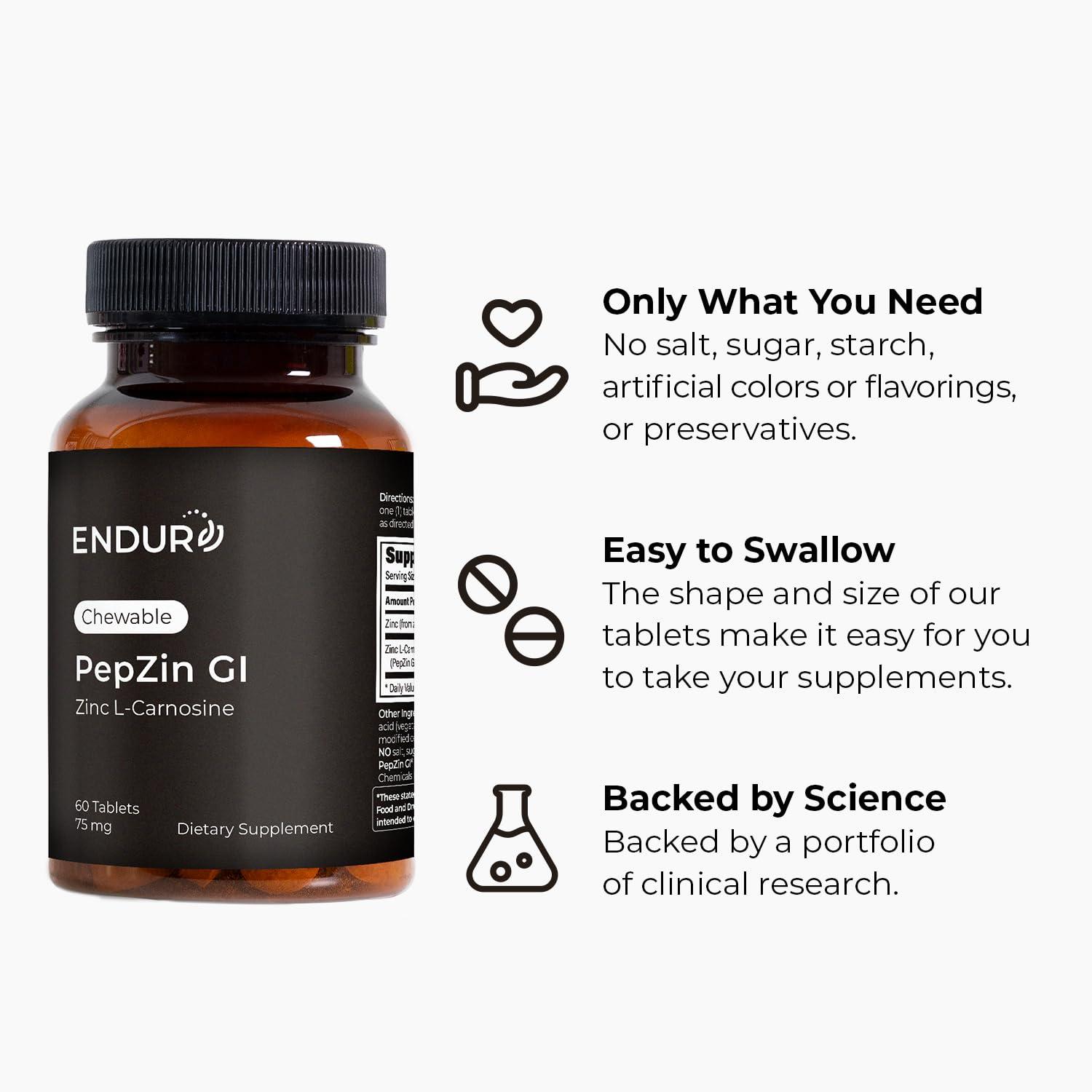 Endurance Products Endur PepZinGI ZINC-CARNOSINE Chewables, Helps Support Your Digestive System for Comfortable Digesting, Gluten Free, 60 Tablets
