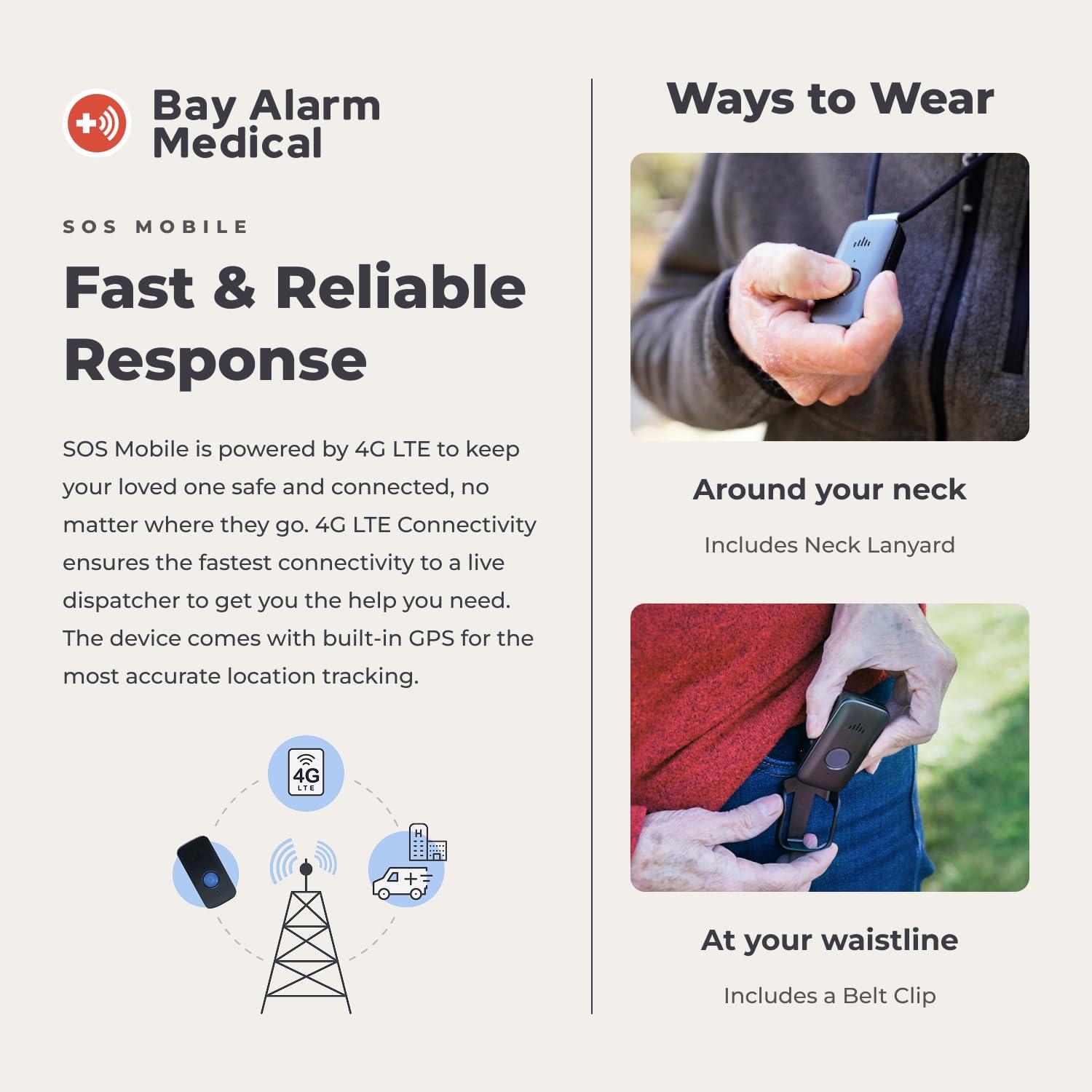 Bay Alarm Medical Bay Alarm Medical SOS Mobile GPS - 24/7 Medical Alert with Optional Fall Detection for Seniors - Call to Activate - 4G GPS Medical Alert System with Elderly Tracking - Panic Button for Seniors