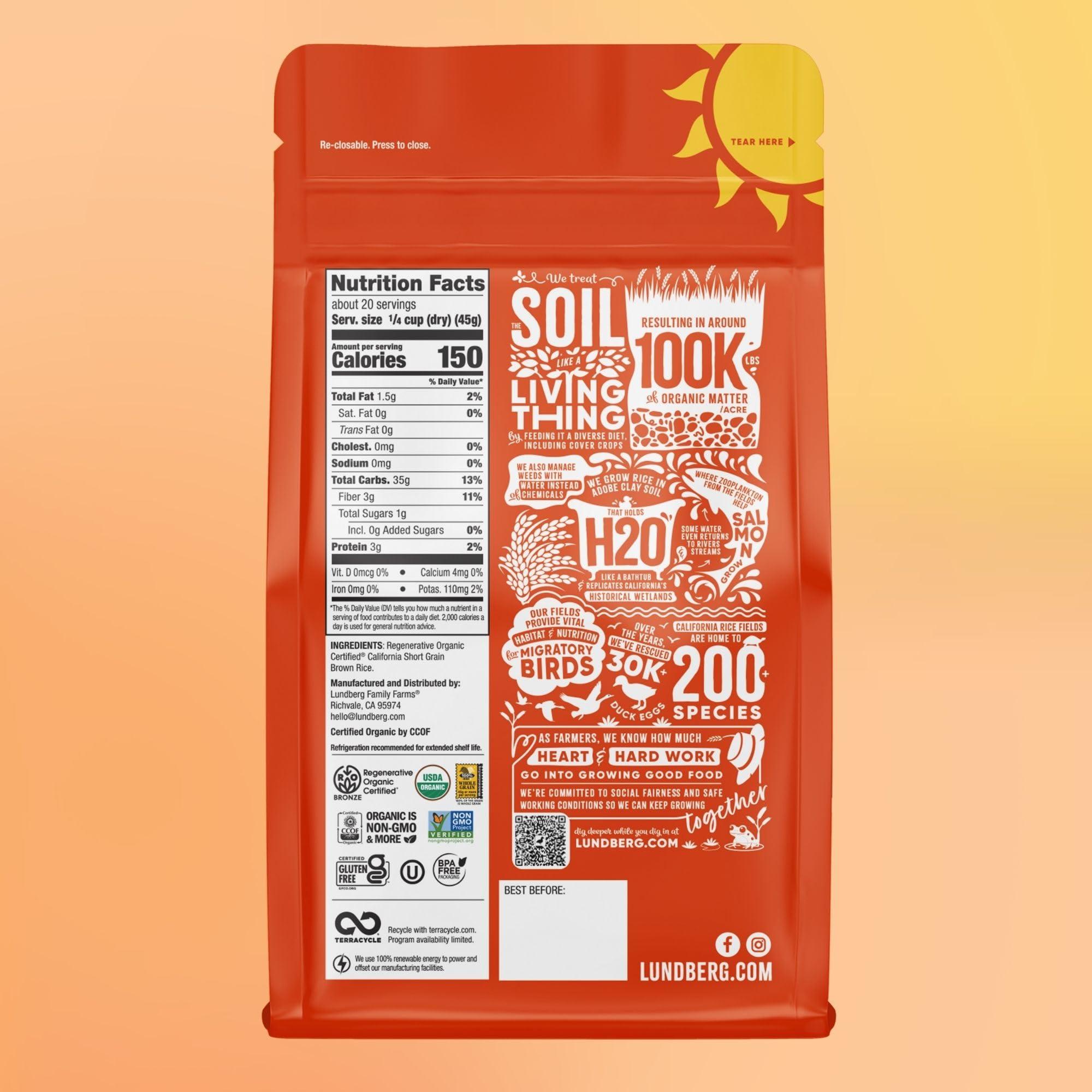 Lundberg Lundberg Short Grain Brown Rice, Regenerative Organic Certified, 2-Pack Slightly Nutty, Sticky Rice Responsibly Grown in California, 32 Oz Ea