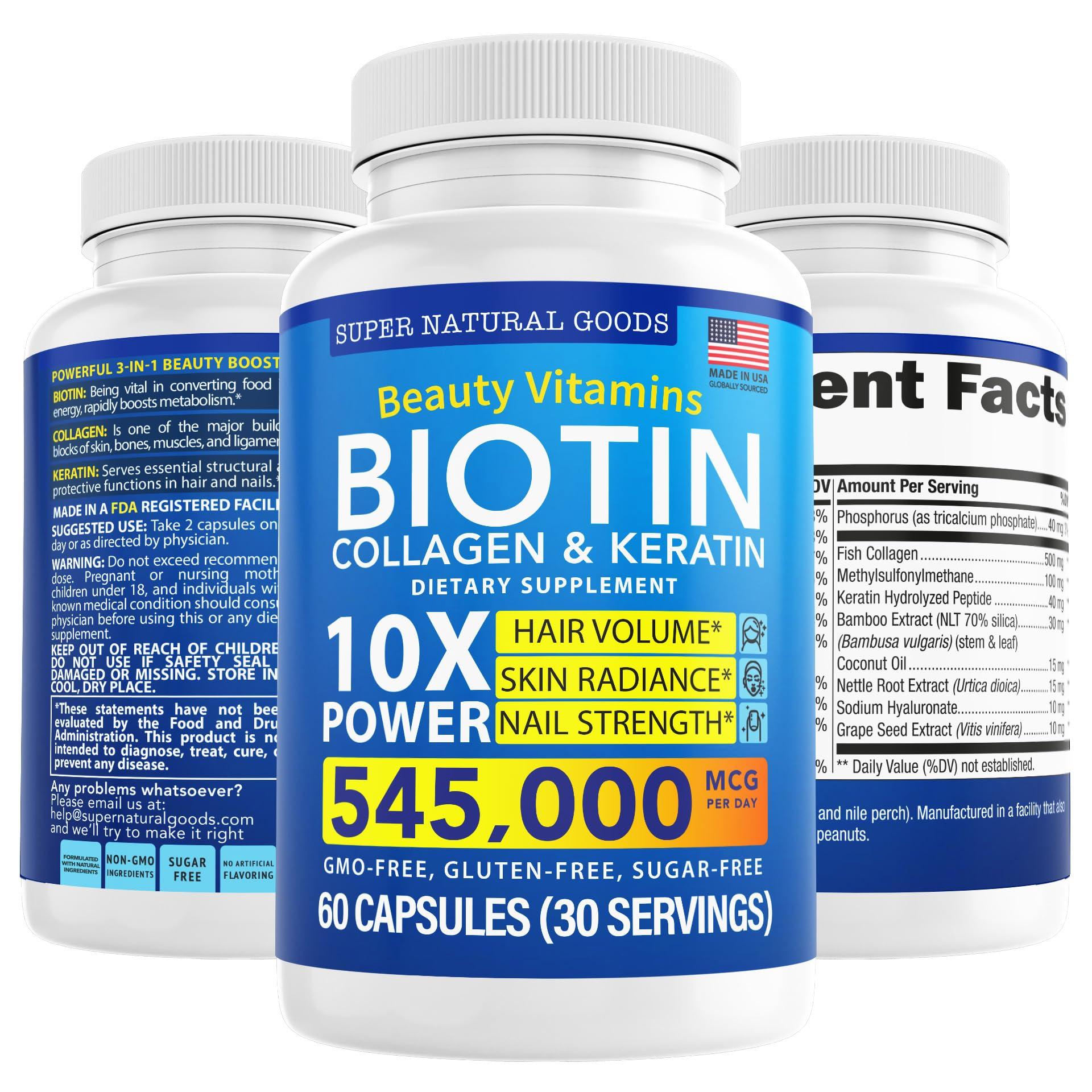 Super Natural Goods Biotin and Collagen Vitamins + Keratin with Folate - Hair Loss Treatments for Women & Men - Hair, Skin and Nails Supplements for Hair Growth & Postpartum Support - GMO Free & Gluten Free (60 Caps)