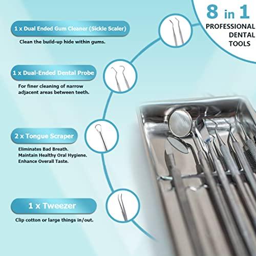 KOHEEL KOHEEL Dental Tools with Metal Case, 8 Count Teeth Cleaning Tools Set, Remove Plaque, Oral Care Hygiene Kit & Toothpicks Pocket Set, Reusable Dental Floss Picks Kit, Tooth Picker