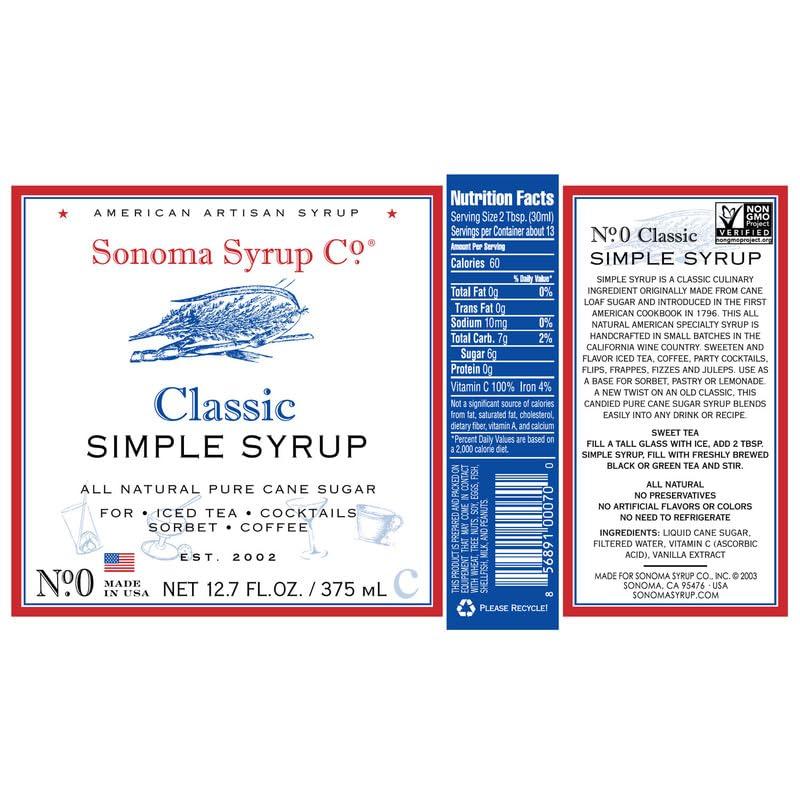 Sonoma Syrup Co Sonoma Syrup Co Classic Simple Syrup 12.7 Fl Oz for Coffee, Cocktails, and Cooking