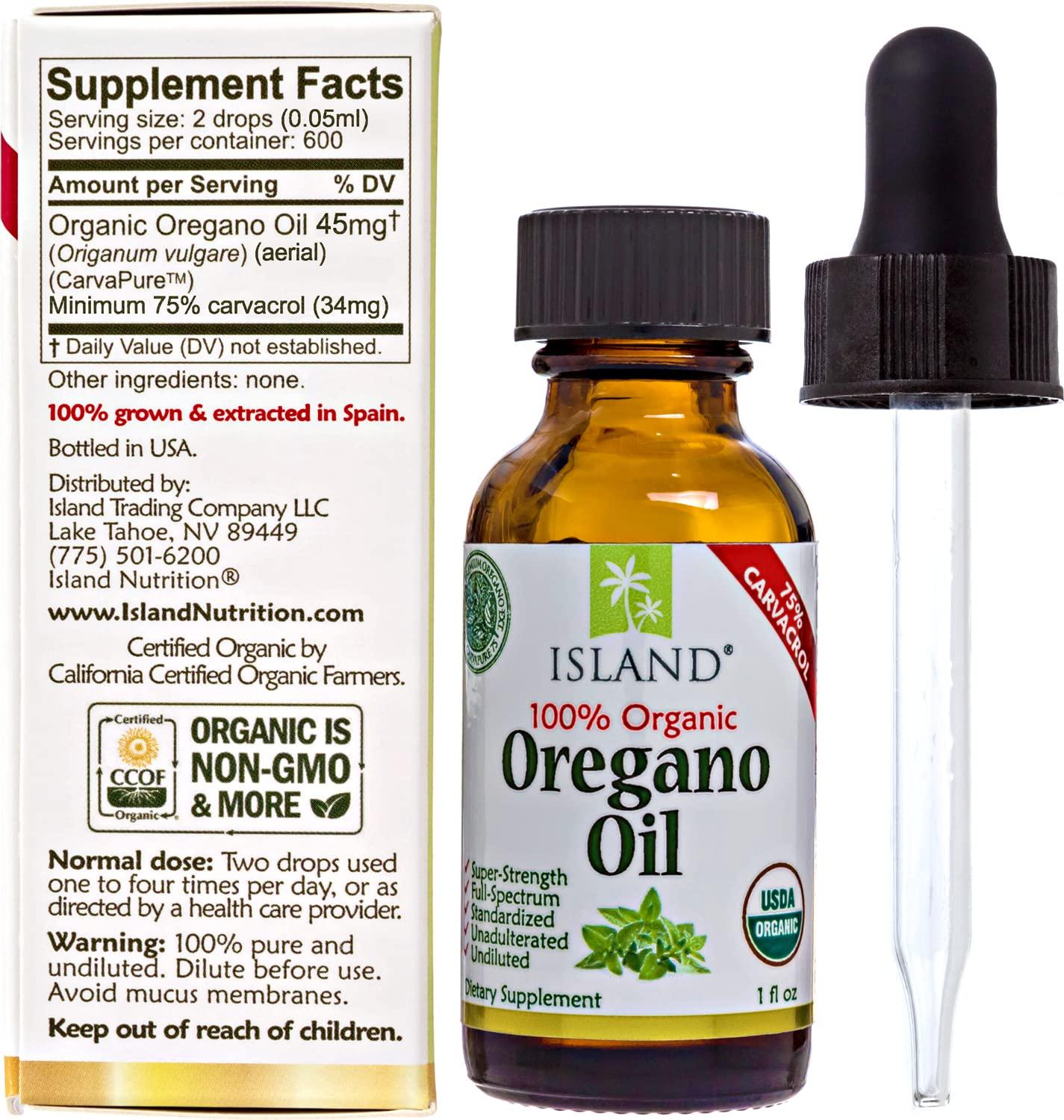 Island Nutrition Island Nutrition, Oregano Oil Organic Liquid Drops - 100% Pure & Undiluted - USDA-Certified Organic (1 oz) 75% Carvacrol - Grown in Spain - Immune Support Supplement with Oil of Oregano.