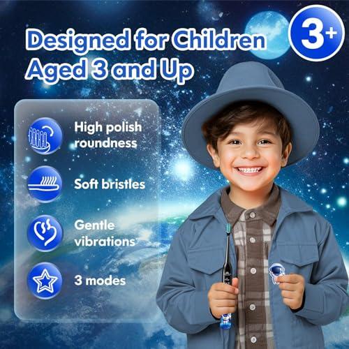 DADA-TECH Kids Electric Toothbrush Rechargeable Age 3-5-6-12-18 Year Old, Sonic Toothbrush Kids with Timer 3 Modes 4 Vibrating Heads Habit Stickers Tooth Brush for Girls Boys and Childrens (Astronaut Black)