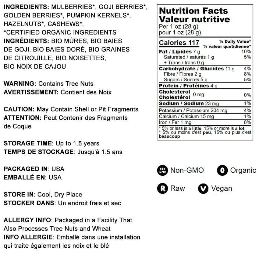 Food to Live Food to Live Organic Antioxidant Trail Mix, 1 Pound Contains Mulberries, Goji Berries, Golden Berries, Pumpkin Seeds, Hazelnuts, Cashews. Non-GMO.