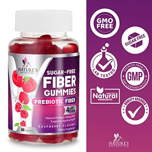 Nature's Nutrition Fiber Supplement Gummies for Digestive Health & Regularity Support, Sugar-Free 4g Fiber Gummy for Adults, Daily Probiotic Supplements, Natural Prebiotic Fiber Gummy, Plant Based - 60 Gummies