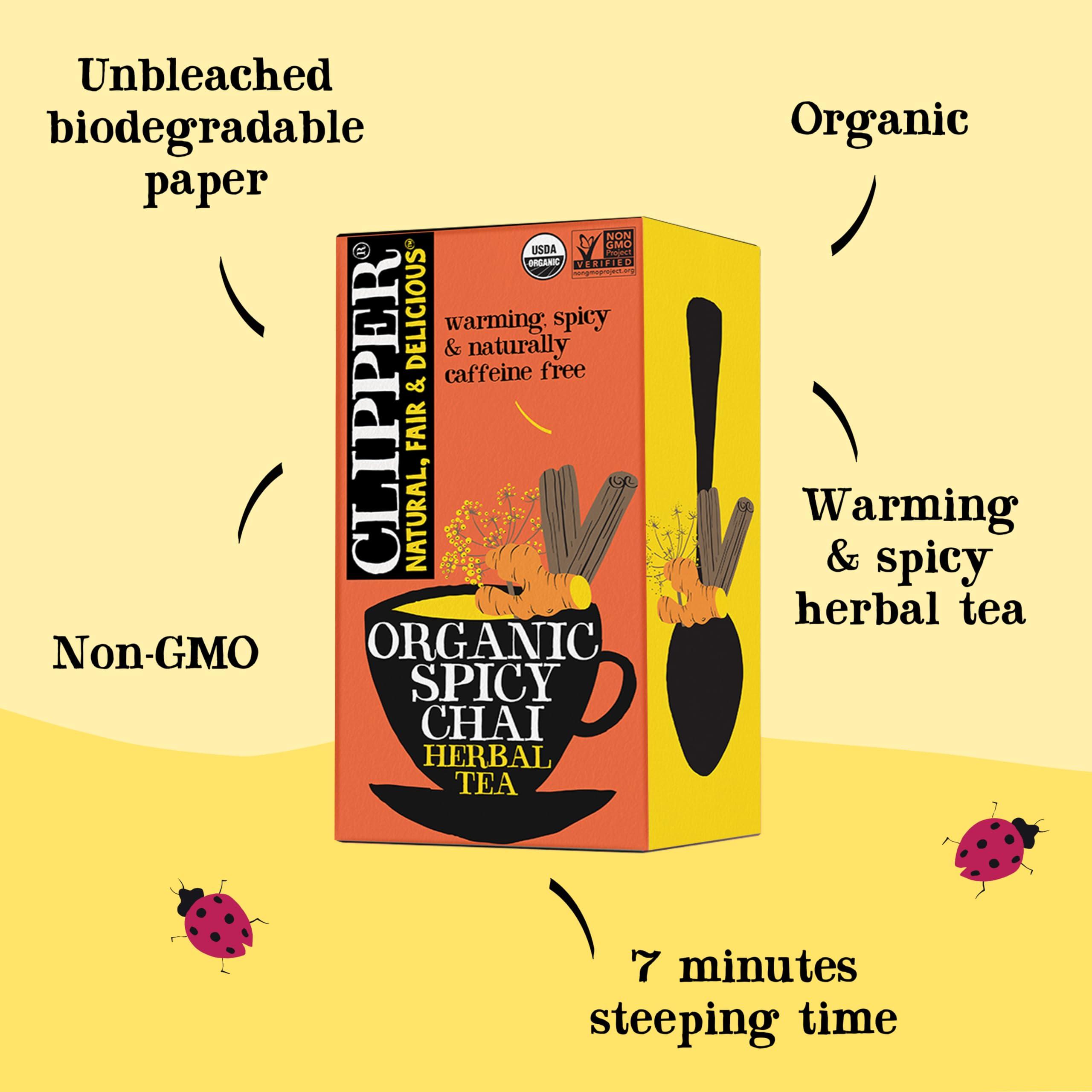 Clipper Natural, Fair & Delicious Clipper Tea Spicy Chai Herbal Tea Caffeine Free, USDA Organic, Great Hot or Iced Warming, Spicy, Natural, Fair & Delicious 20 Tea Bags