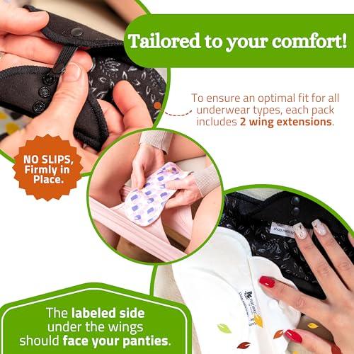 Natissy Non-Slip Organic Reusable Period Pads for Light Flow (S+M, 6-Pack); High-Temp Washable Cotton Cloth Pads for Women & Teens; Non-Irritating, Soft Reusable Pads Menstrual for Comfortable Period Care