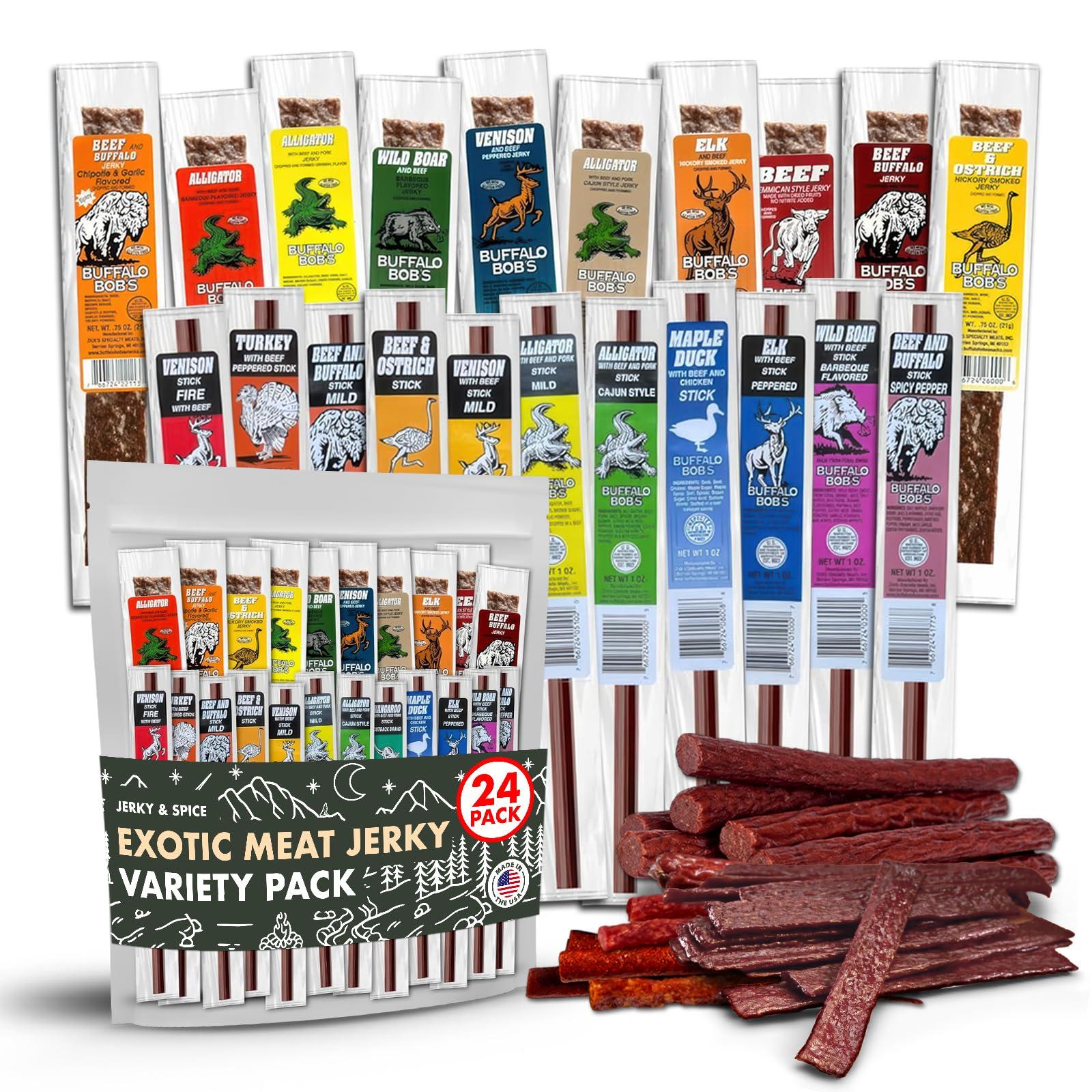 Buffalo Bob's Buffalo Bob\'s Wild Game Meat Snacks (24 pack), Beef Jerky Assortment Pack of Flavorful Strips & Sticks, Exotic Jerky Gift Baskets for Men, Meat Variety Pack for Valentines & Christmas, Meat Bouquet