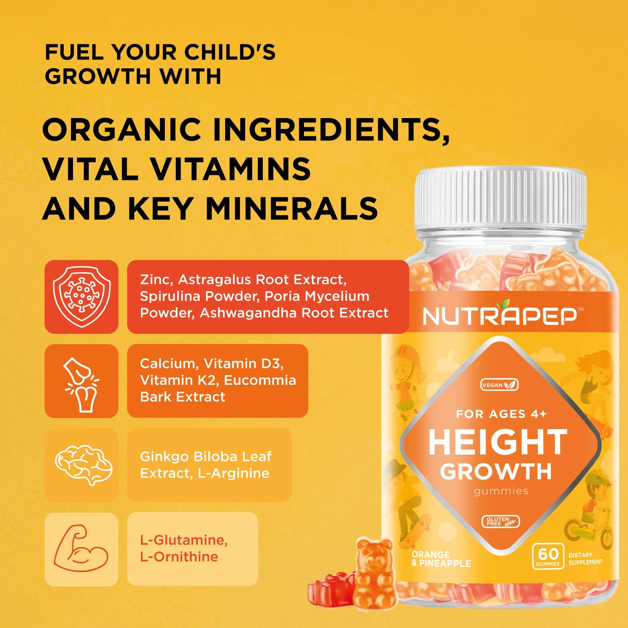 NutraPep Teens Height Growth Supplement Gummies - Kids Grow Taller Natural Height Increaser Multivitamin - with Calcium Vitamin D3 K2 Zinc L-Arginine L-Glutamine L-Ornithine for Boys Girls