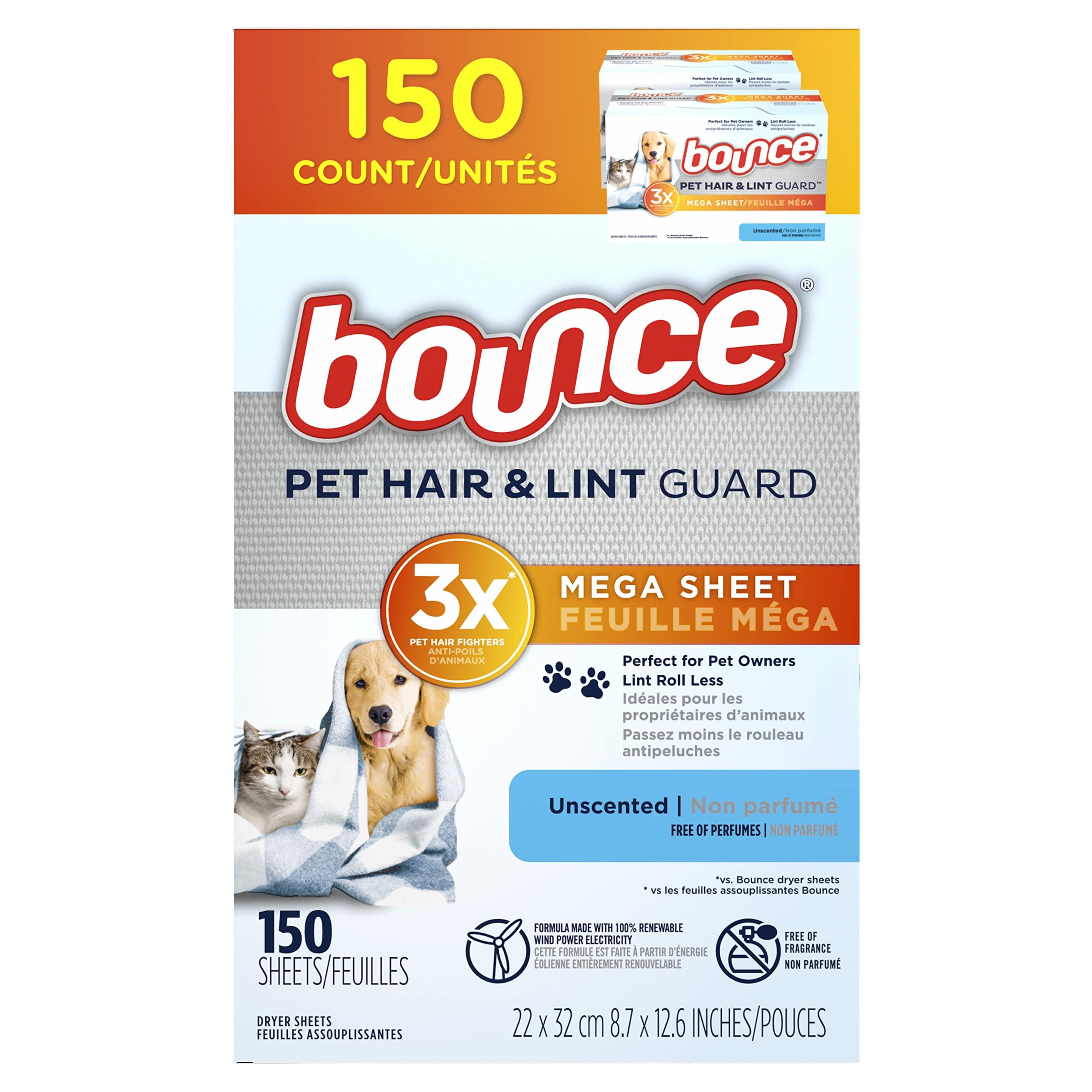 Bounce Bounce Pet Hair and Lint Guard Mega Fabric Softener Dryer Sheets with 3X Pet Hair Fighters, Unscented, 150 Count