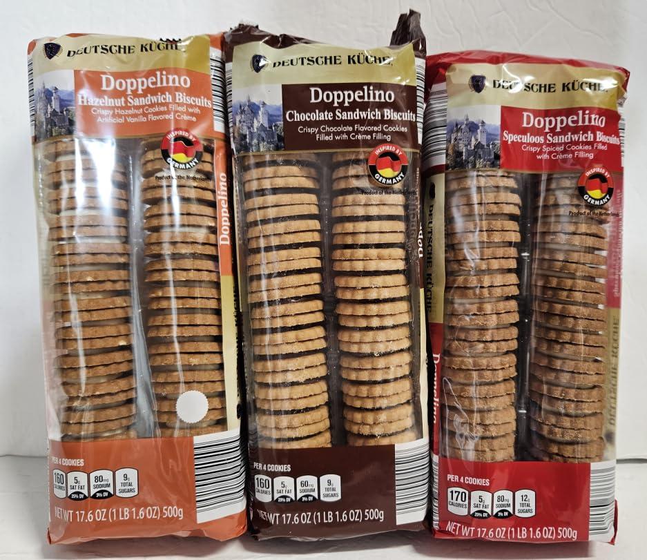 Deutsche Kuche Deutsche Kuche Doppelino Lemon Flavored Sandwich Biscuits, Chocolate Sandwich Biscuits and Hazelnut Sandwich Biscuits 17.6oz 500g (3 Bags)