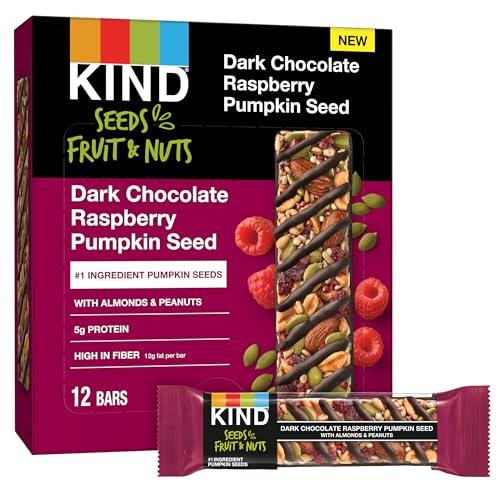 KIND KIND Seeds Fruit & Nuts Snack Bar, Dark Chocolate Raspberry Pumpkin Seed | 5g Protein, High Fiber, Gluten Free Bars, 1.4 OZ, 12 Count