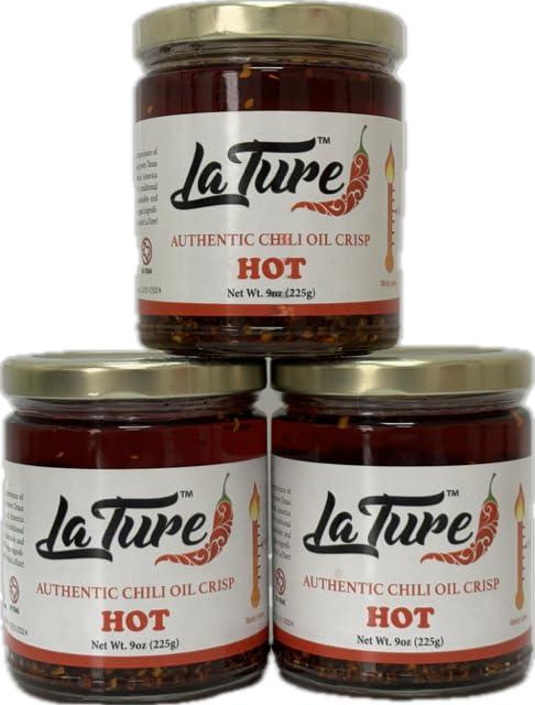 LATURE LaTure Authentic Chili Oil Crisp Gourmet Spicy Tingly Crunchy Hot Savory All-Natural Chili Oil Sauce Made in USA Chili Paste Hot Sauce - Gluten Free, Vegan, No MSG, Versatile Hot Sauce Good on Everything 9oz (Pack of 3)