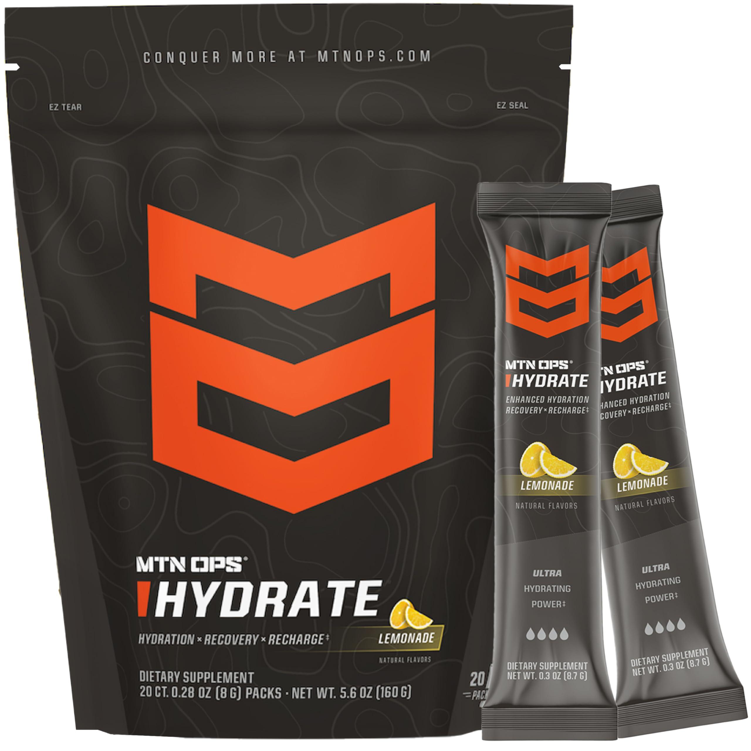 MTN OPS MTN OPS Hydrate Electrolytes Powder Drink Mix, 20 Single Serving On-The-Go Electrolyte Packs with Over 1000mg of Electrolytes per Serving, Lemonade