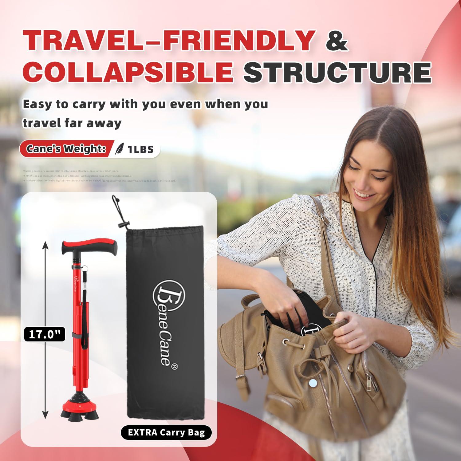 BeneCane BeneCane Walking Cane for Men & Women Walking Stick for Seniors Folding Canes Quad Cane Adjustable Lightweight Sturdy Collapsible Heavy Duty with Soft TPR T-Handle and Travel Bag