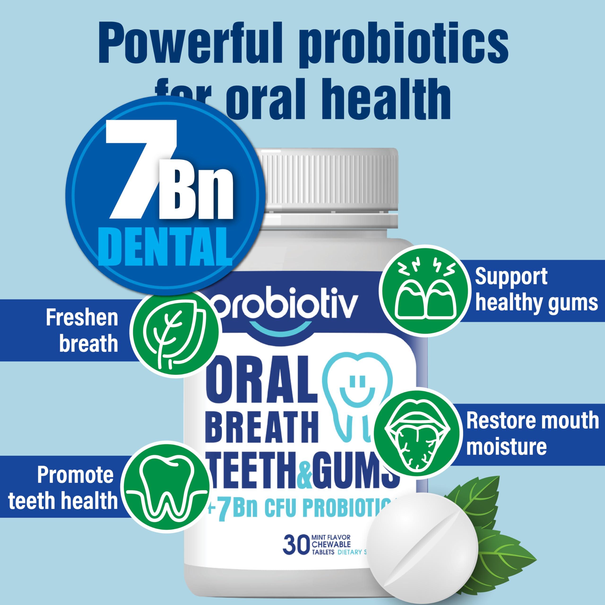 Probiotiv Probiotiv Oral Probiotics for Mouth Bad Breath 7 Billion CFU - Chewable Dental Probiotics for Teeth and Gums, Fresh Breath Freshener, Combats Dry Mouth, Halitosis, Tonsil Stone & Gingivitis Treatment