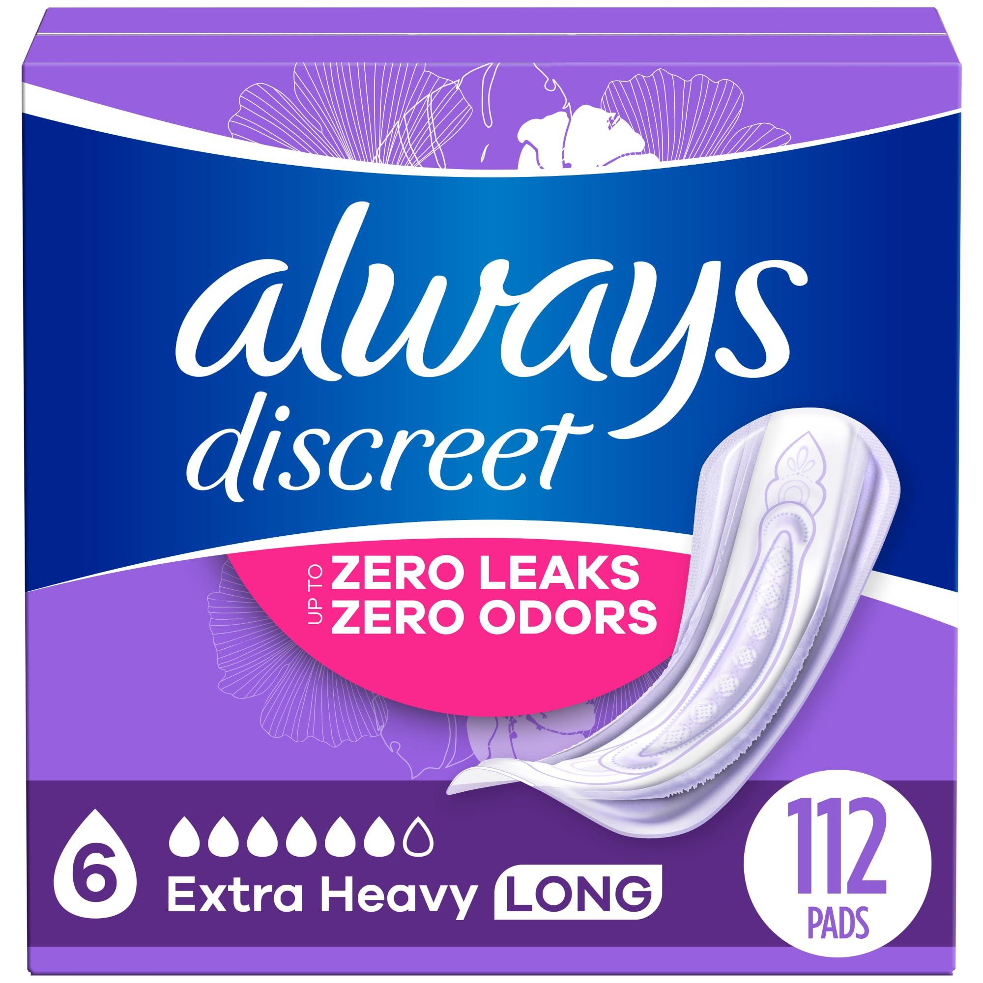 Always Discreet Always Discreet Adult Incontinence Pads for Women, Extra Heavy Absorbency, Long Length, Postpartum Pads, 112 CT