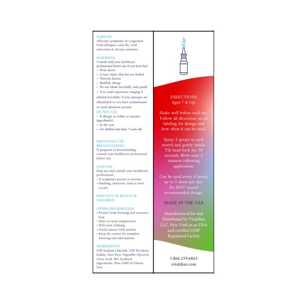 VIRALDINE VIRALDINE .5% Povidone-Iodine Nasal Spray, Gentle Relief Formula for Ages 7 & Up, Designed for Daily Congestion Relief, 100 Applications, 30ml, 1ct