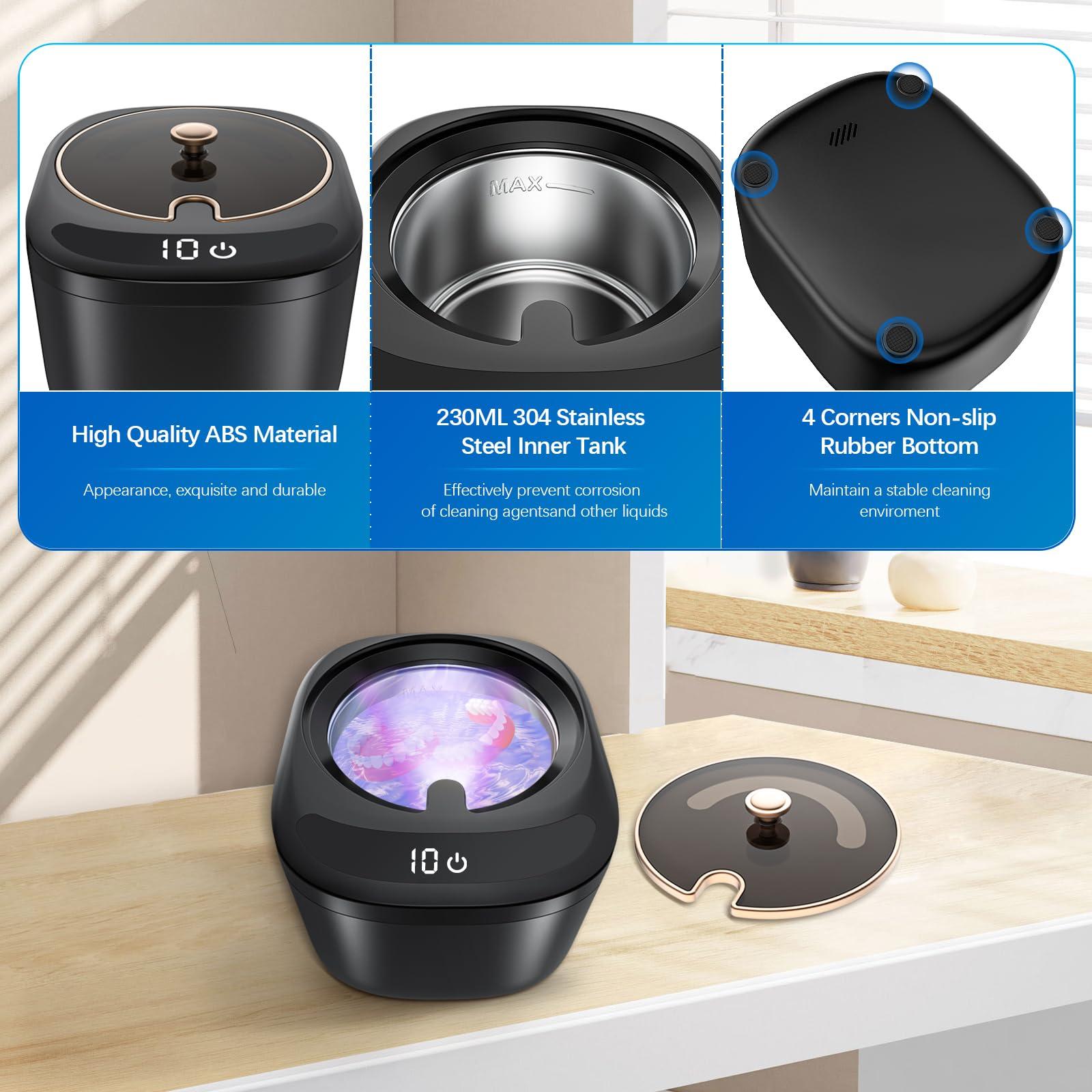 Raccomb Ultrasonic Retainer Cleaner Machine - Raccomb 45kHz LED Light Ultrasonic Cleaner for Dentures, Aligner, Mouth Guard, Night Guard Cleaner, 230mL Sonic Cleaning Machine for Jewelry, Dental Appliances