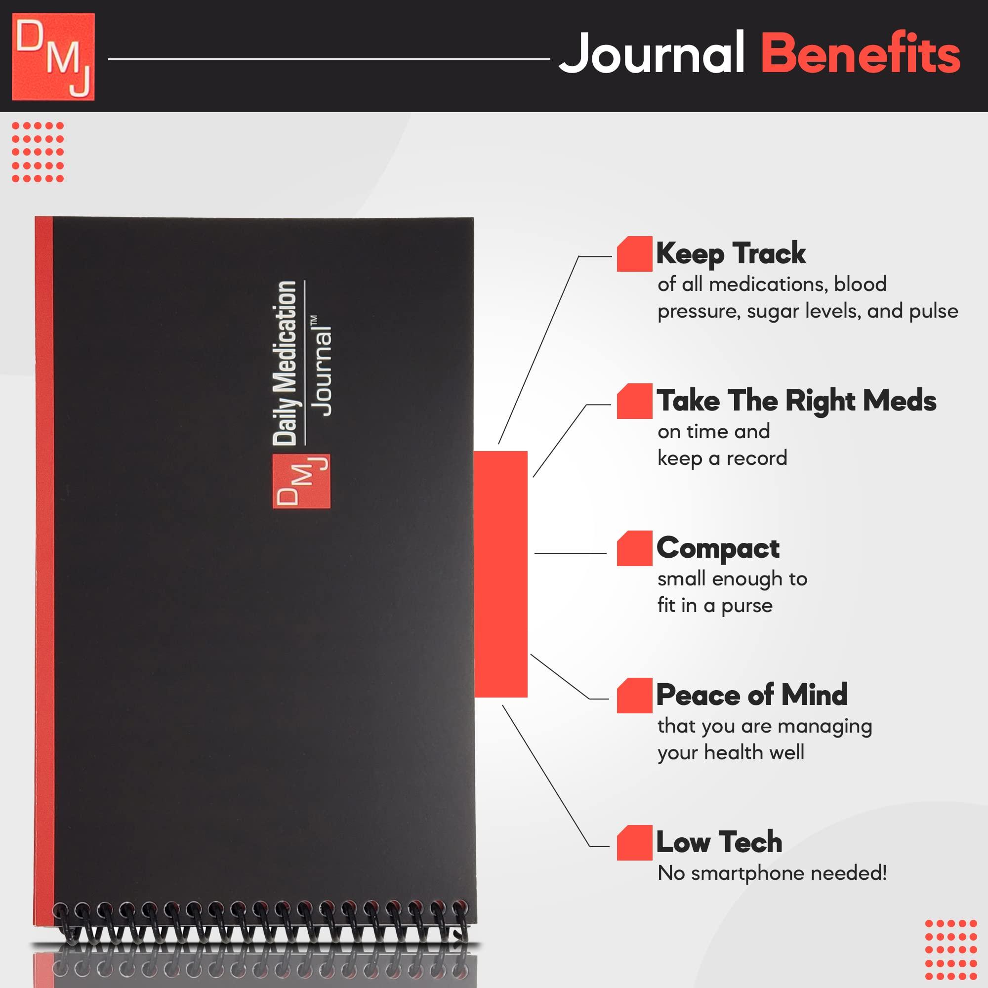 Daily Medication Journal (DMJ) Daily Medication Journal - Medication Tracker, Blood Pressure Log Book, Medication Log Book, Vital Signs and Blood Sugar Tracking, 12 Month Medical Journal, Compact Size, Spiral Bound, Made in USA