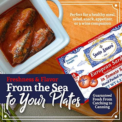 Santo Amaro Santo Amaro - Authentic European Sardines in Tomato Sauce from Puree, Hand-packed Canned Sardines in Tomato Sauce from Portugal, Wild Caught Portuguese Sardines, 23g Protein, Paleo, Dash, Pack of 3