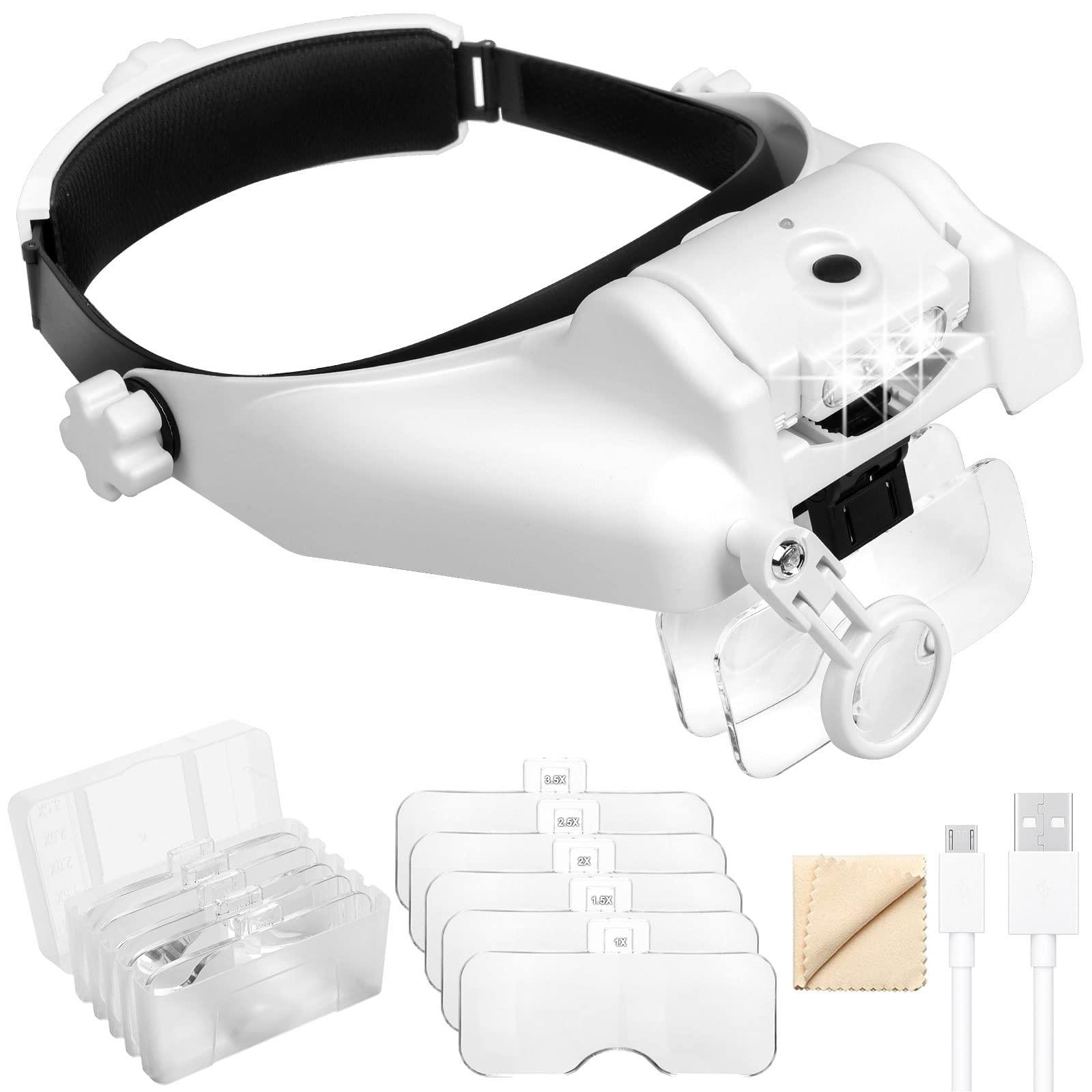 Linkhood Headband Magnifier Glasses, Linkhood 1X to 14X Rechargeable Head Magnifier with LED Light, Handsfree Head Mount Magnifying Glass with 6 Detachable Lens for Close Work Reading Jewelry Crafts Repair