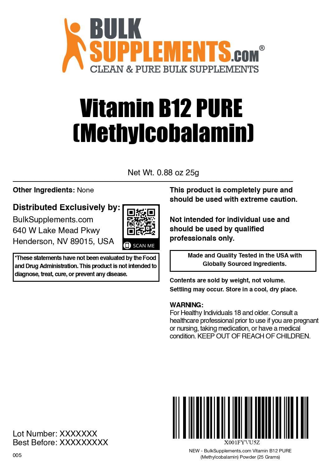 BulkSupplements BulkSupplements.com Pure Vitamin B12 Methylcobalamin Powder - Vitamin B12 Supplements, Essential B Vitamin - Pure Product, Multiple Servings, 25g (0.88 oz) (Pack of 1)