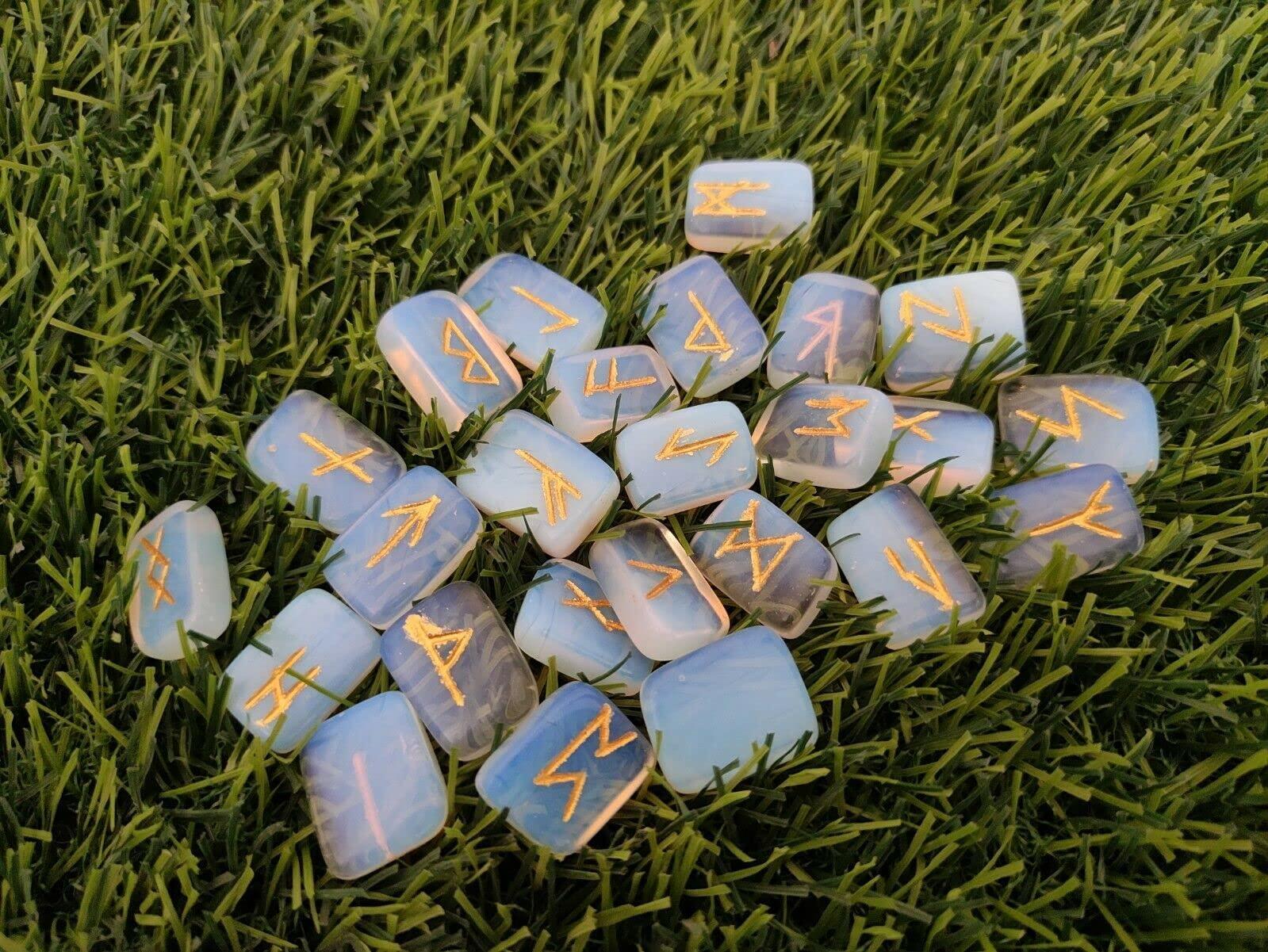 Nirdesh Nirdesh Milkey Opalite Runes Crystal Rune Stones Set Elder futhark Viking Gemstone Reiki Healing Golden Engraved Runic Alphabets with Pouch & Runic Symbol Chart Wooden