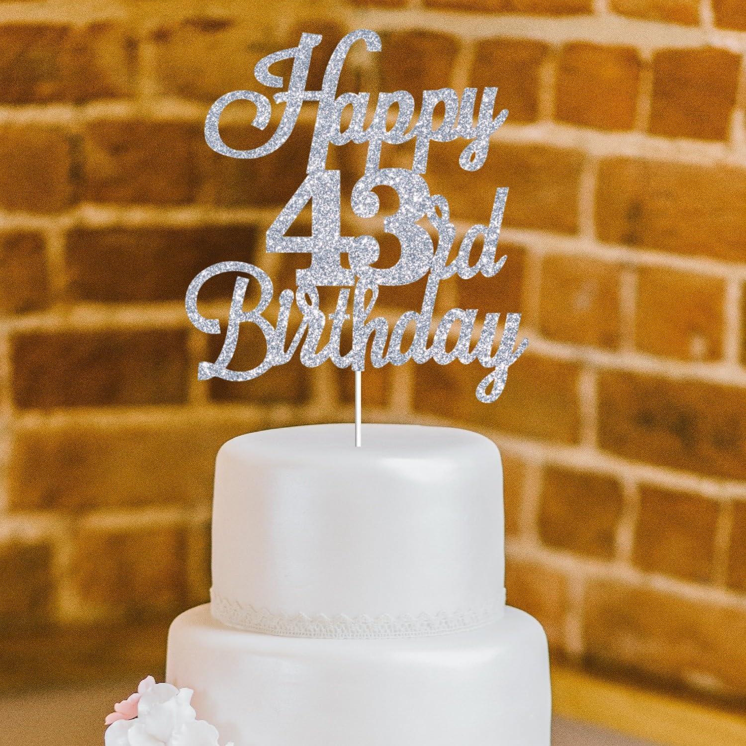 JUTTIRA Happy 43rd Birthday Cake Toppers Silver Glitter, Cheers to 43 Years Old Bday Decoration 43rd Anniversary Cake Topper, Forty-three Theme Cake Decorations for Birthday Anniversary Party