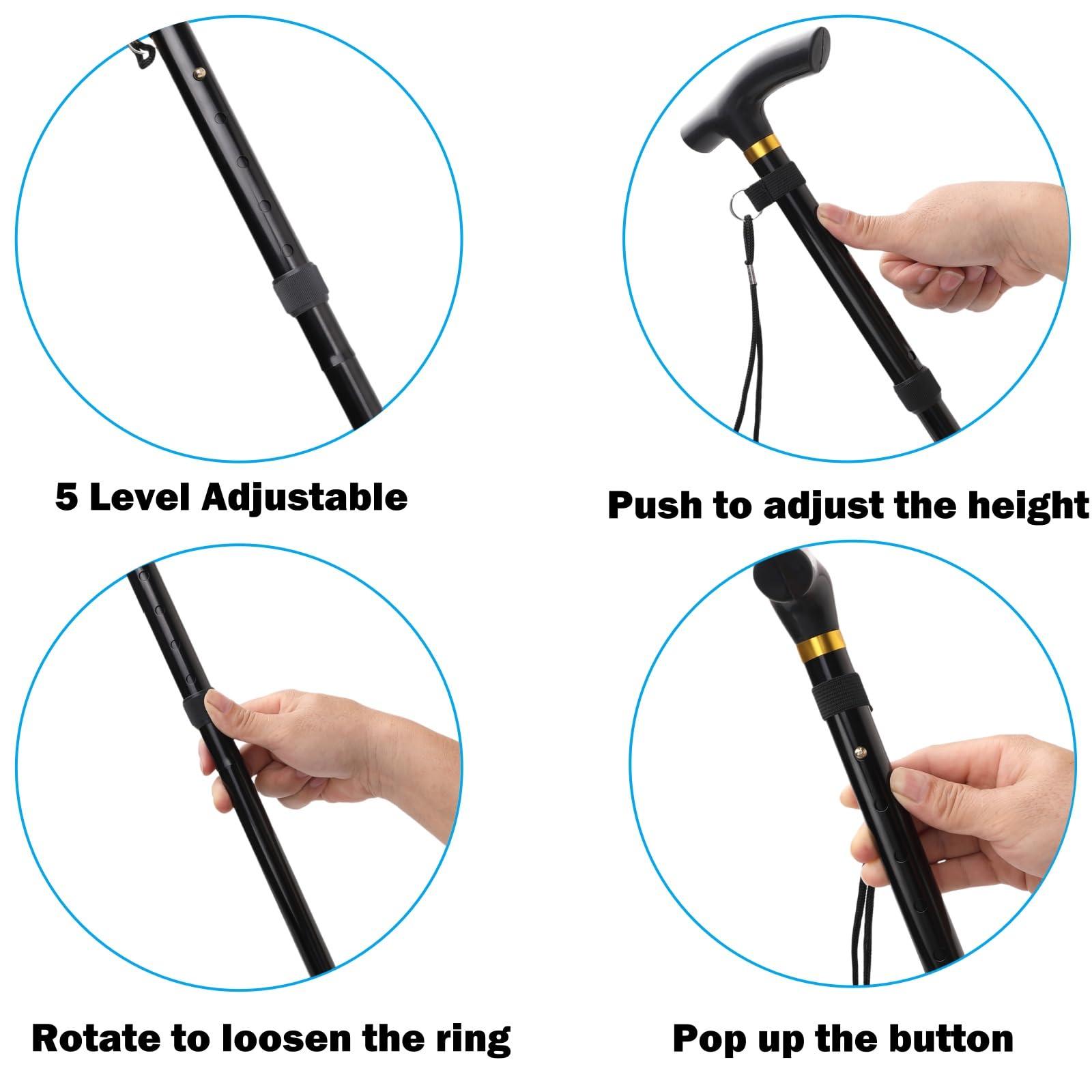 COMFKEY Comfkey Folding Lightweight Walking Stick - Adjustable Aluminum Metal Collapsible Travel Cane with Non-Slip Rubber Base (Black)