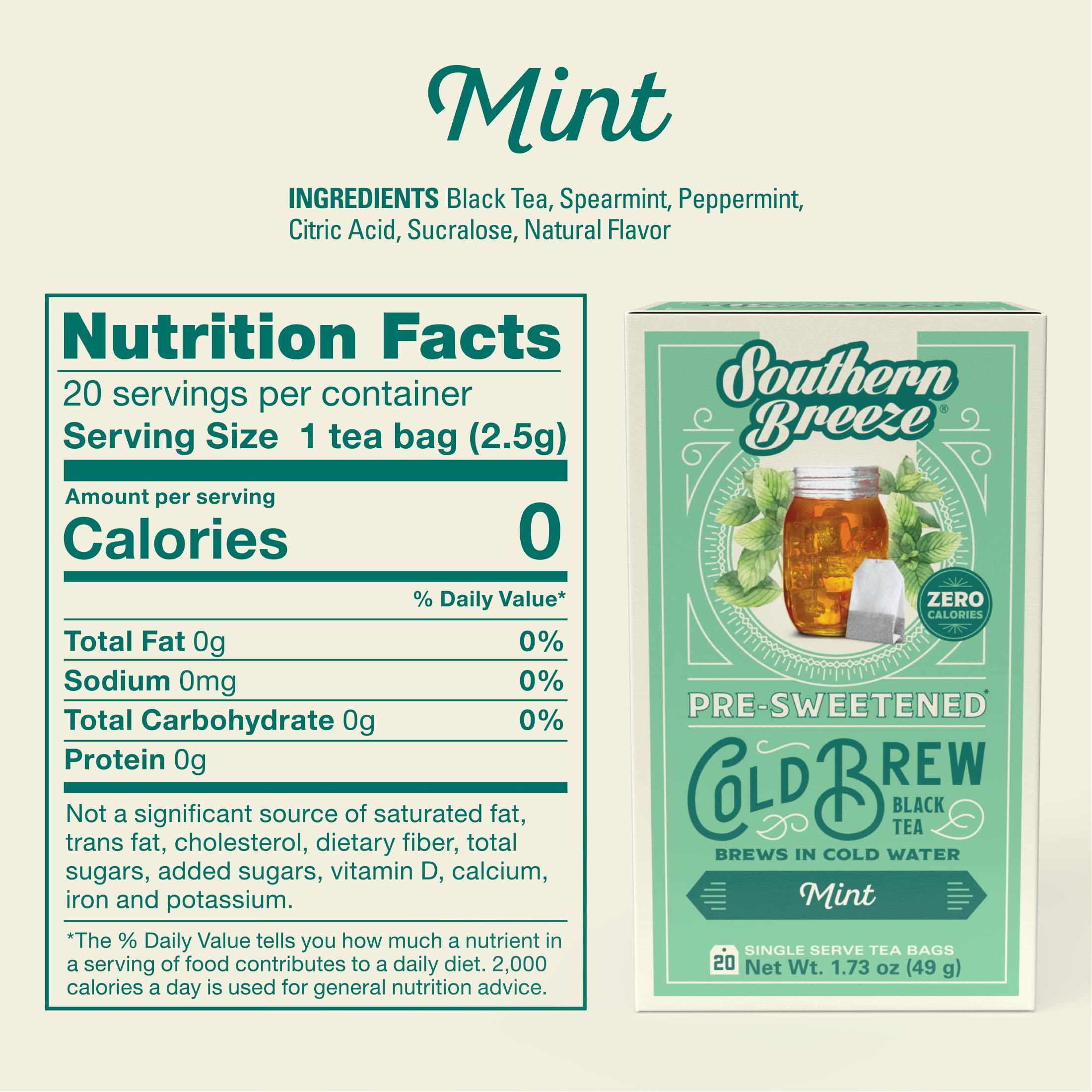 Southern Breeze Southern Breeze Cold Brew Sweet Tea Mint Iced Tea with Black Tea and Zero Carbs Zero Sugar, 20 Individually Wrapped Tea Bags Southern Sweet Tea Iced Tea Beverage
