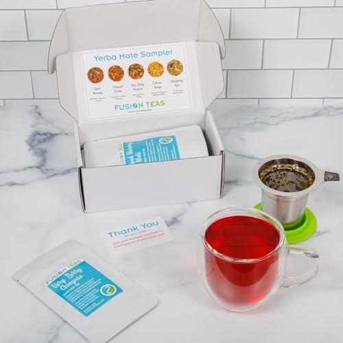 Fusion Teas Yerba Mate Sampler Set, An Assortment of 5 High-Energy Yerba Mate Infusions including Roasted and Green Yerba Mate Varieties and Our Popular Very Berry Guayusa, Each Sample Makes About 8 Cups - Good Morning Mate, Caramel Cream Yerba Mate, Very Berry