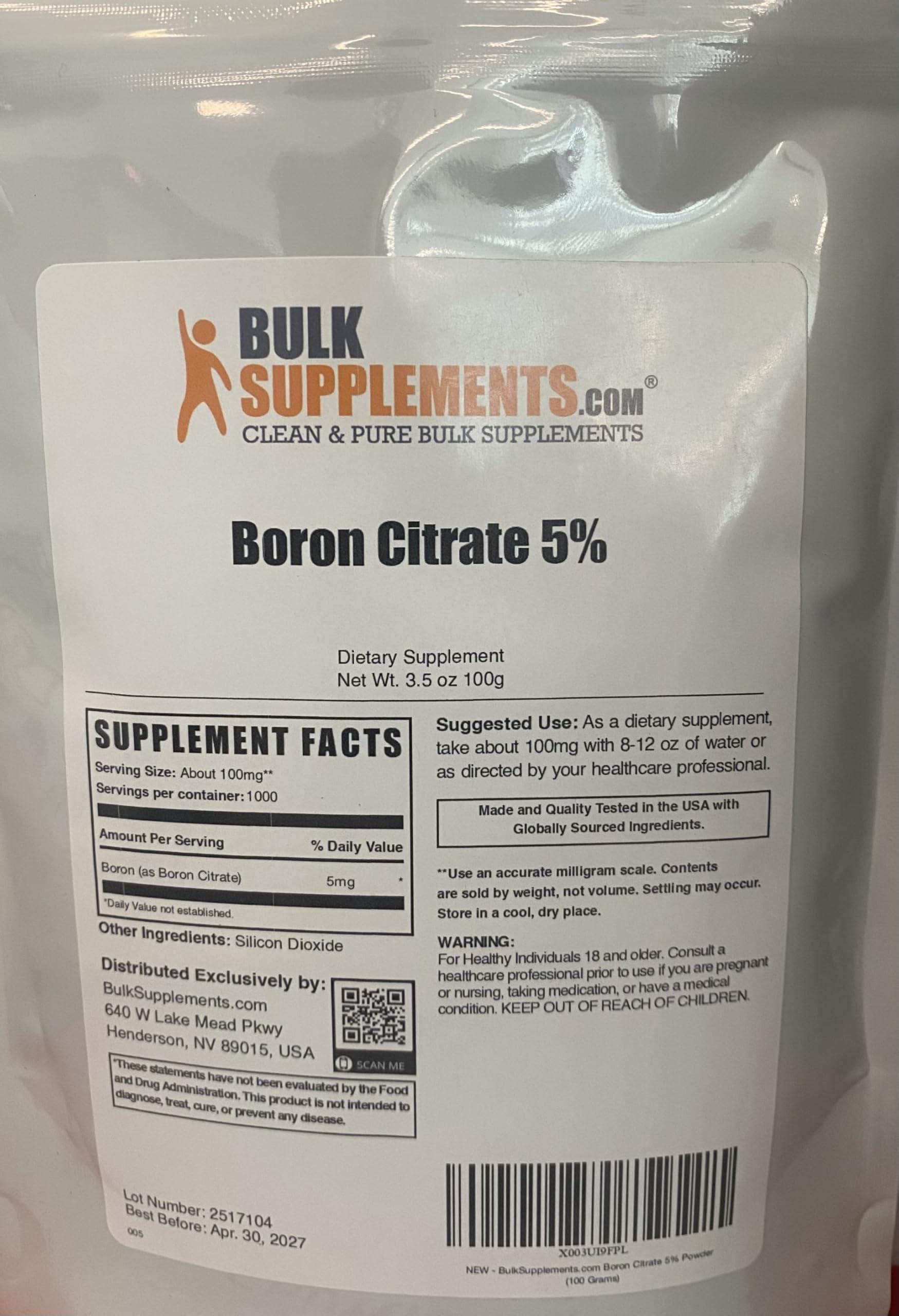 BULKSUPPLEMENTS.COM BulkSupplements.com Boron Citrate Powder - Boron 5mg, Boron Supplement for Men & Women, Food Grade Boron - for Bones & Joints Support, 100mg per Serving, 100g (3.5 oz) (Pack of 1)