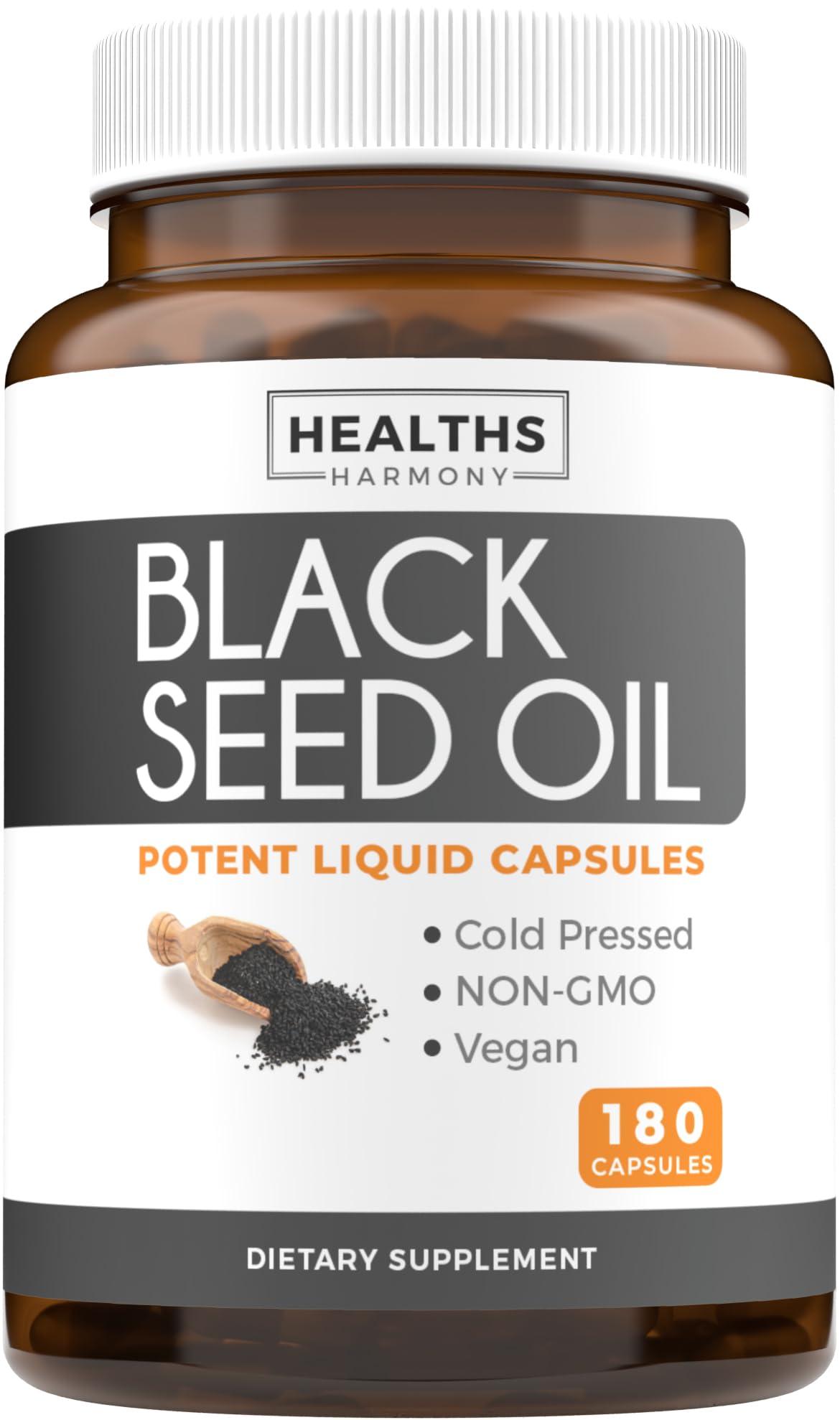 Healths Harmony Black Seed Oil - 180 Softgel Capsules (Non-GMO & Vegan) Premium Cold-Pressed Nigella Sativa Producing Pure Black Cumin Seed Oil with Vitamin E - 500mg Each, 1000mg Per 2 Capsule Serving