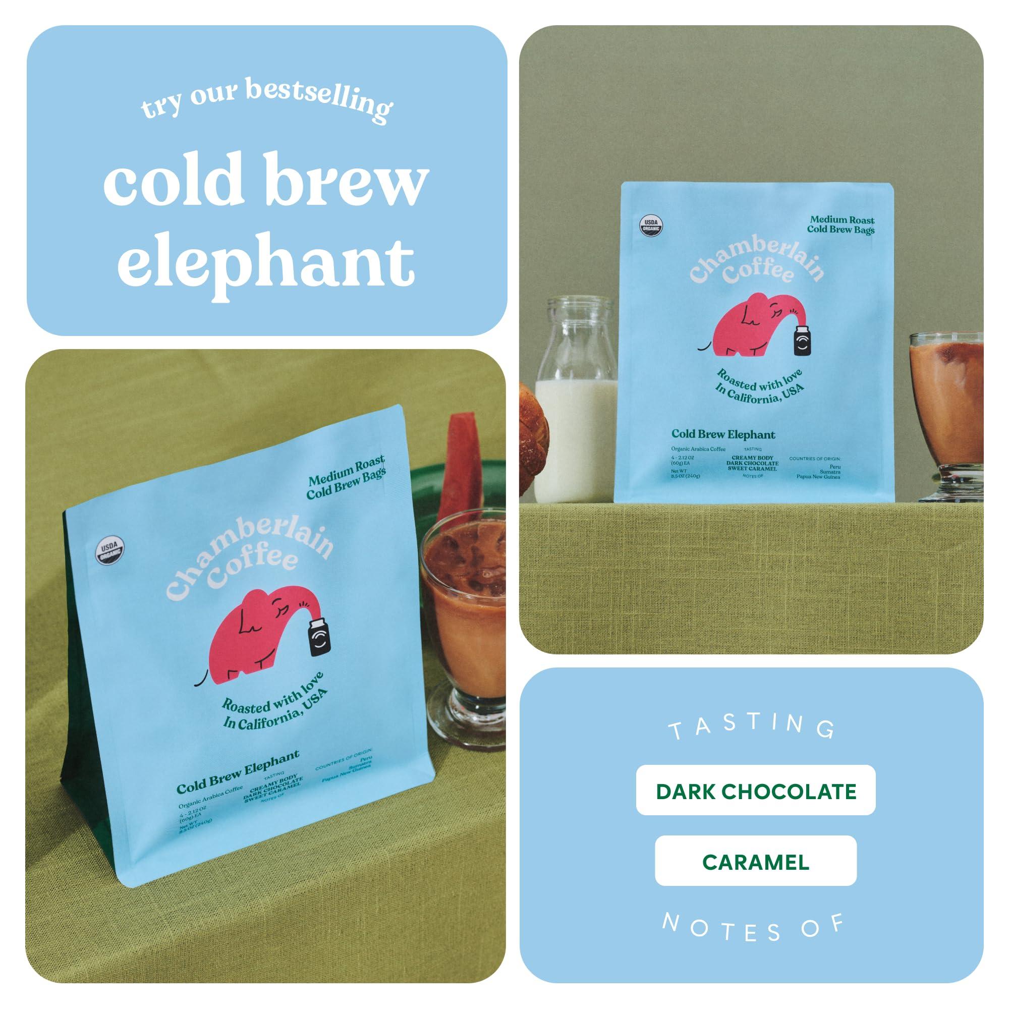 Chamberlain Coffee Chamberlain Coffee Elephant Cold Brew Bags - XL Cold Brew Bags - Premeasured, Ready to Brew, Cold Brew Coffee Packs - Contains 4 XL Cold Brew Bags, Makes 4 Cups of Coffee Per Bag