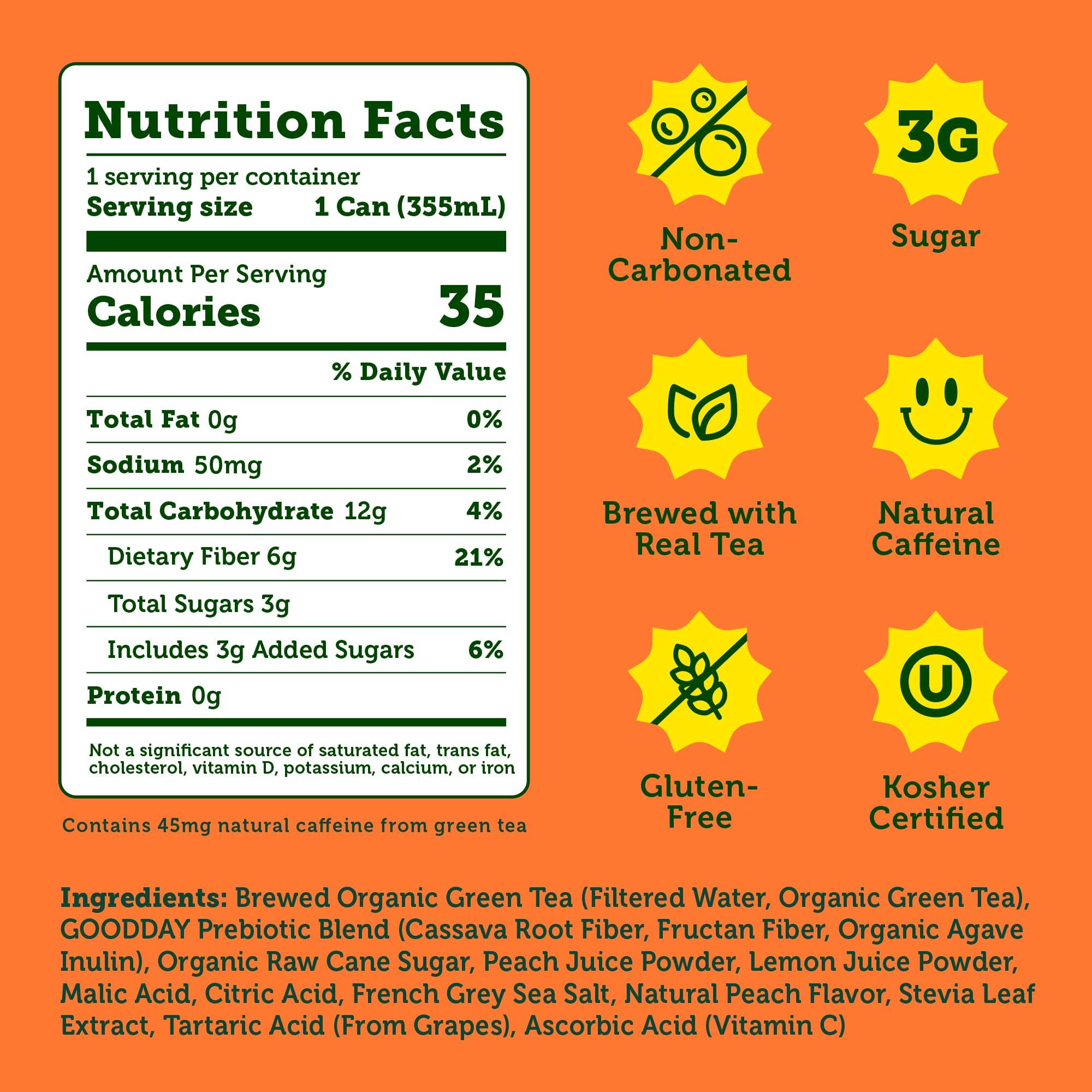 Halfday HALFDAY Prebiotic Peach Iced Tea Cans, Supports Digestive & Gut Health, 8g Plant Fiber & Prebiotics, Low Sugar, 30 Calories, Organic Tea, Natural Caffiene, Gluten Free, Keto, 12 fl oz (12 pack)