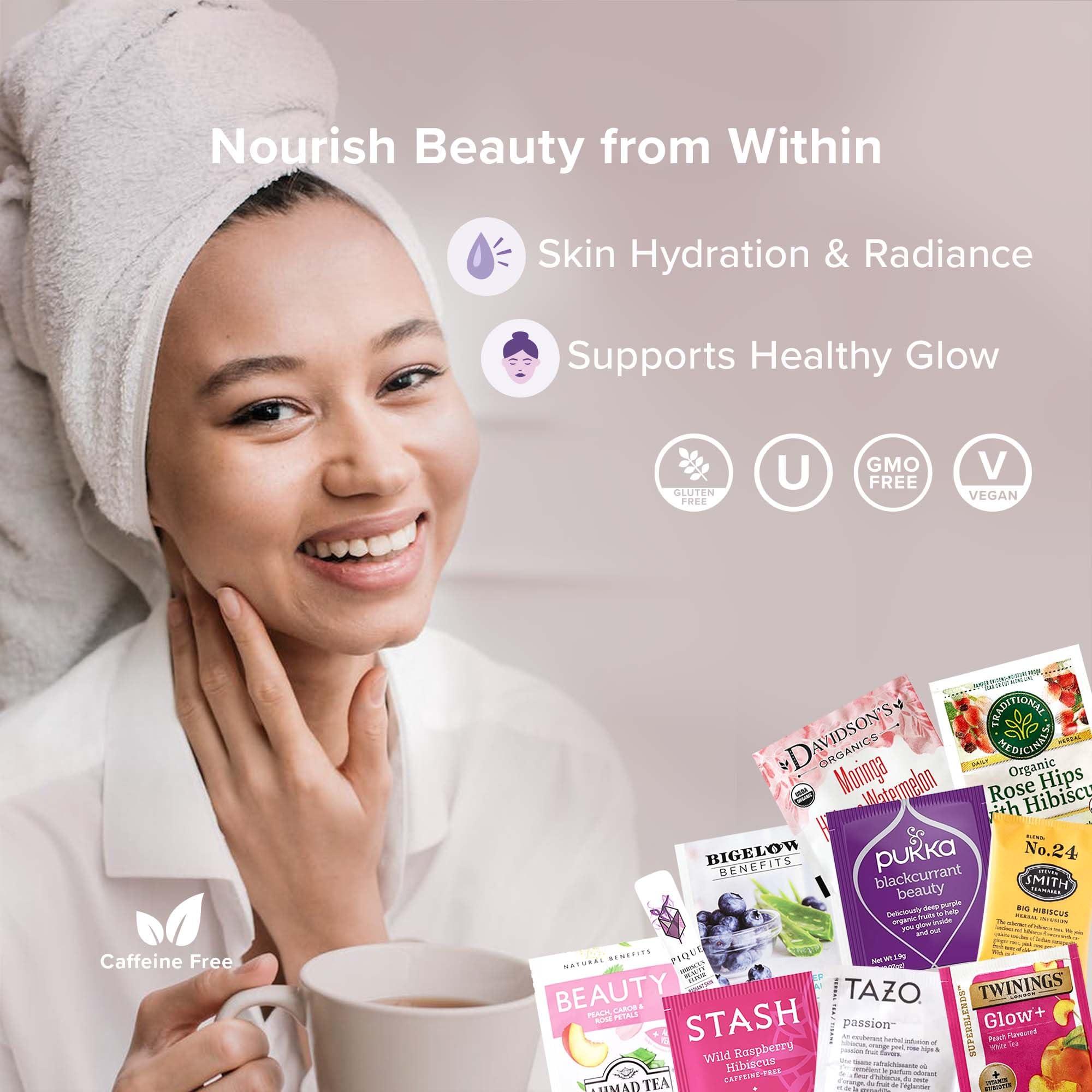 Sippingly Skin Glow Wellness Tea Sampler - 40 Tea Bags, 10 Flavors - Hibiscus, Rosehip, Aloe Vera, Licorice Root - Vegan, Gluten-Free, Organic Herbal Tea Gift for Skincare Lovers, Skin Detox and Clear Skin Tea