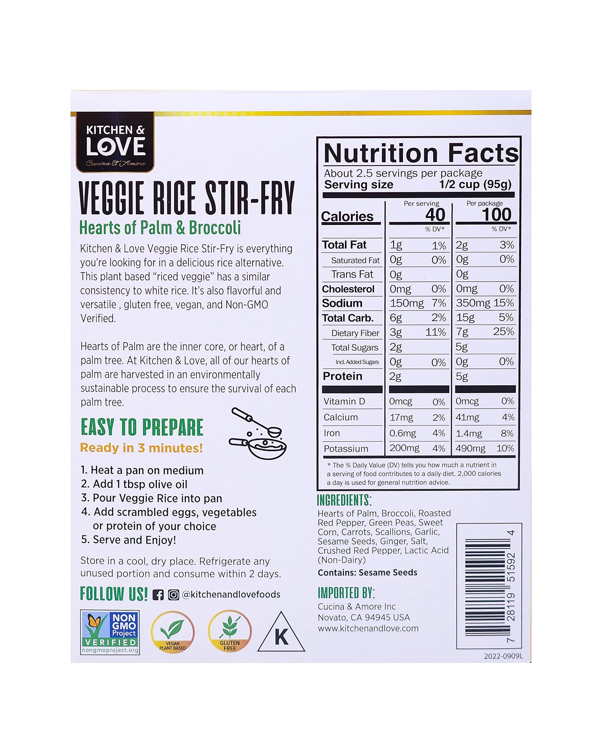 Kitchen & Love Kitchen & Love Hearts of Palm Veggie Rice Stir Fry, Low Carb, Low Calories, Plant Based, Non GMO, Gluten Free Rice Alternative, Vegan, Easy to Prepare Quick Meal 8 Oz (Pack of 3)