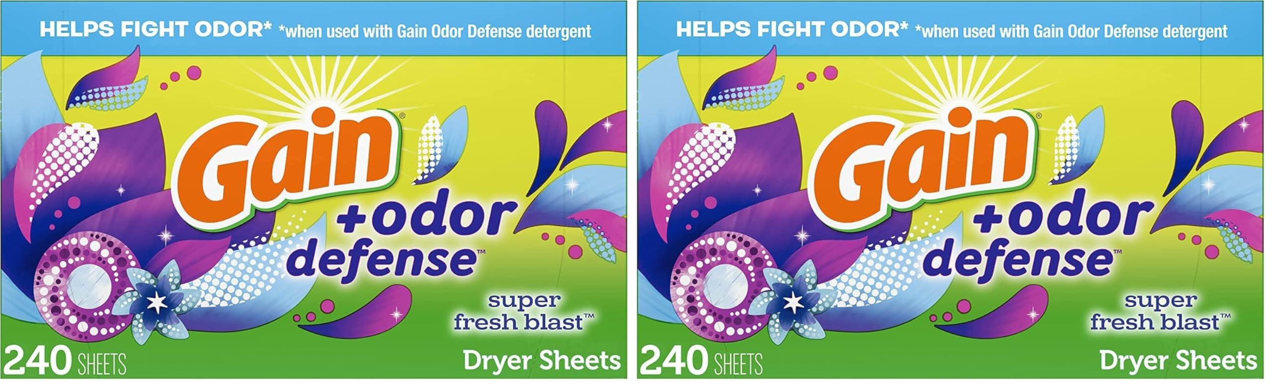 Gain Gain + Odor Defense Dryer Sheets, Super Fresh Blast Scent Fabric Softener Sheets, 240 ct (Pack of 2)
